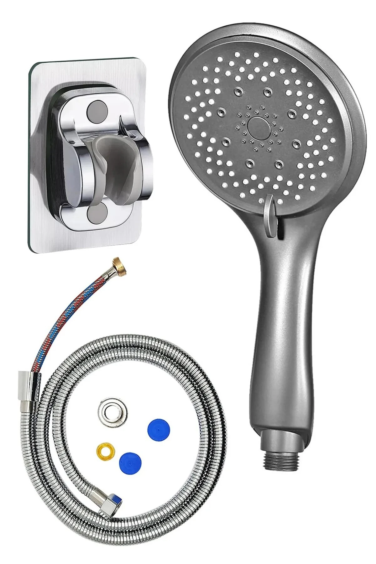 Antrasit Duş Başlık Çelik örgülü 150 CM Hortumlu ve Yapışkanlı Mafsallı Duş Seti