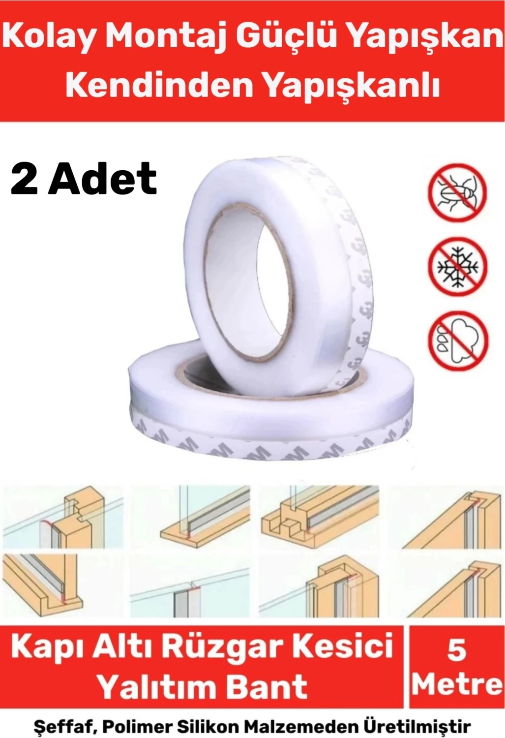 Ses Böcek Toz Önleyici Rüzgar Kesici Kapı Pencere Isı Izolasyon Yalıtım Şeffaf Şerit Bant 5mt 2 Adet