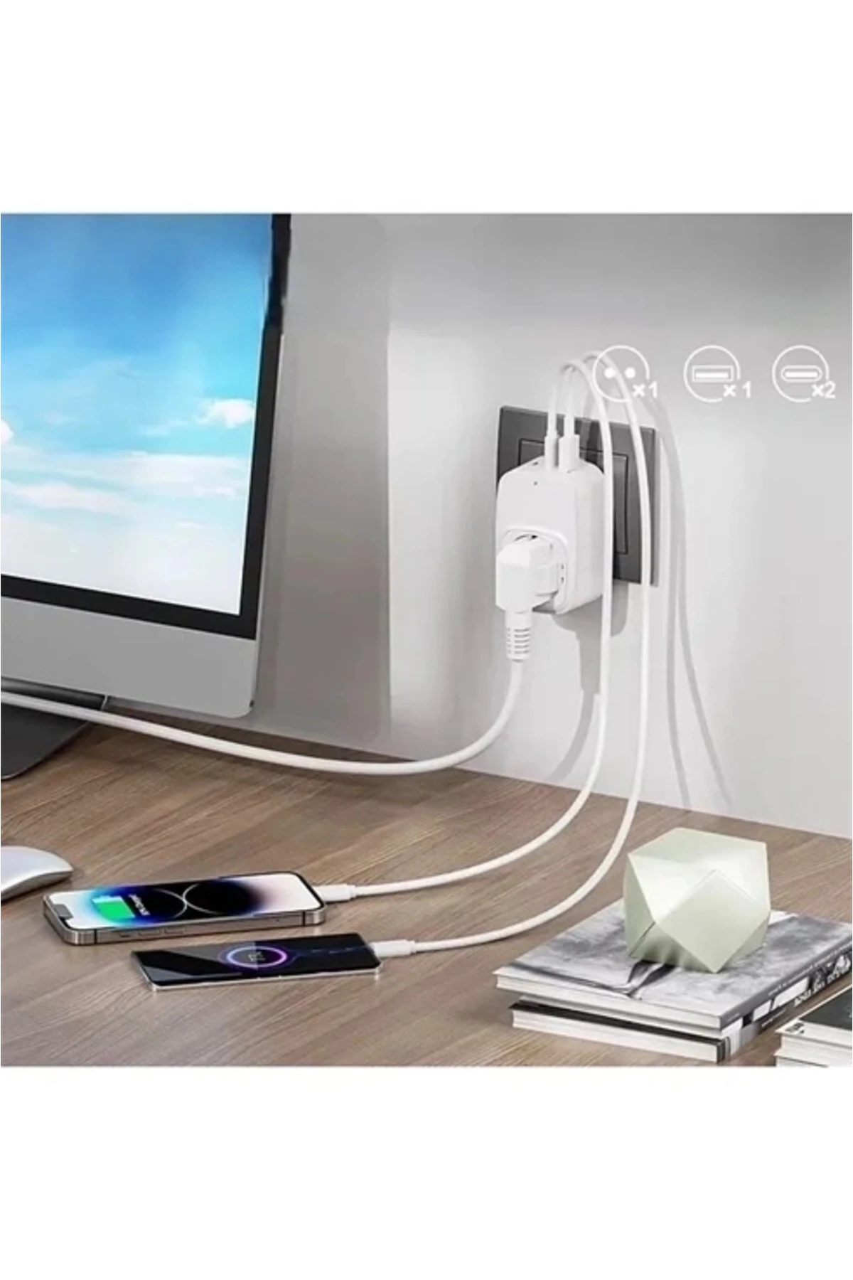 Tekli Yüksek Voltaj Korumalı Duvar Prizi 2x Type-c 1x Usb Çıkışlı Priz Grup Priz Çoğaltıcı Siyah