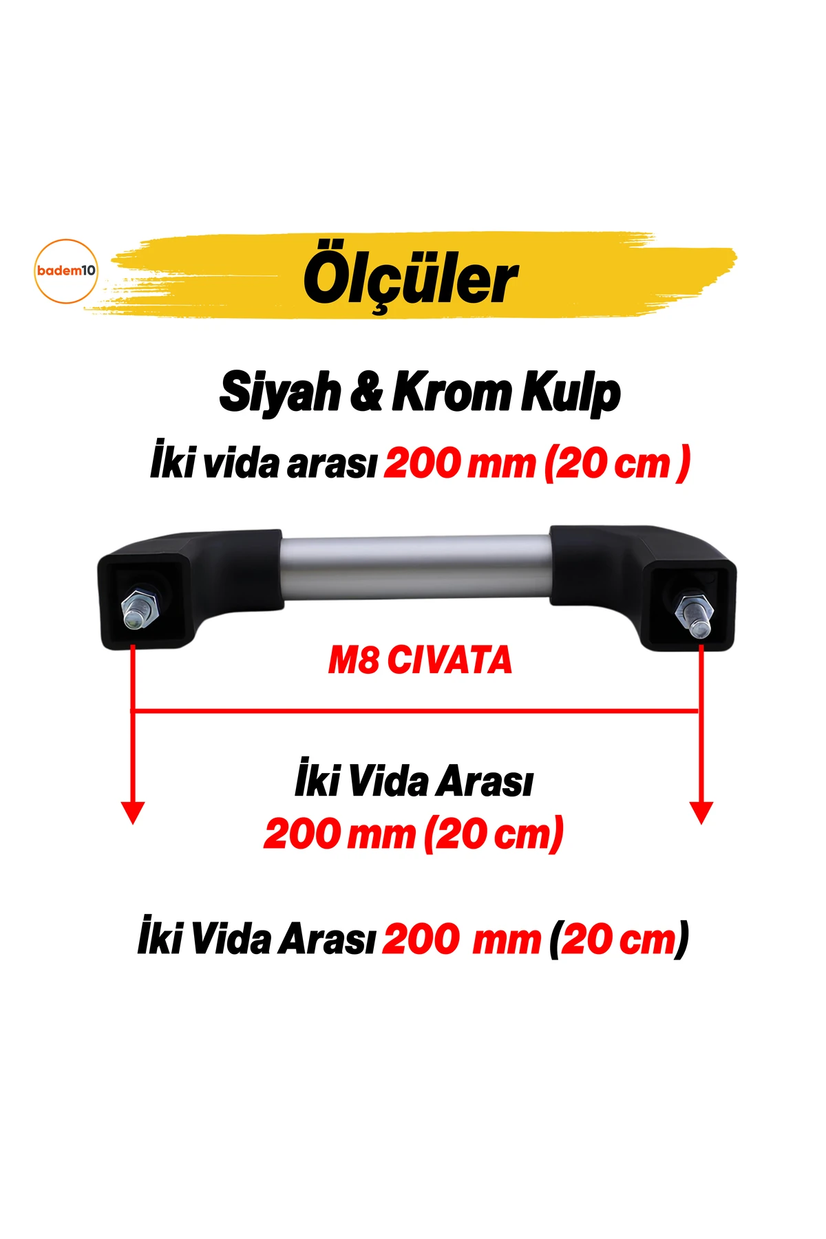 Profil Boru 20 Cm Kulp Krom-siyah Çekme Kol Tutamağı Çanta Valiz Pencere Kapı Tutamak