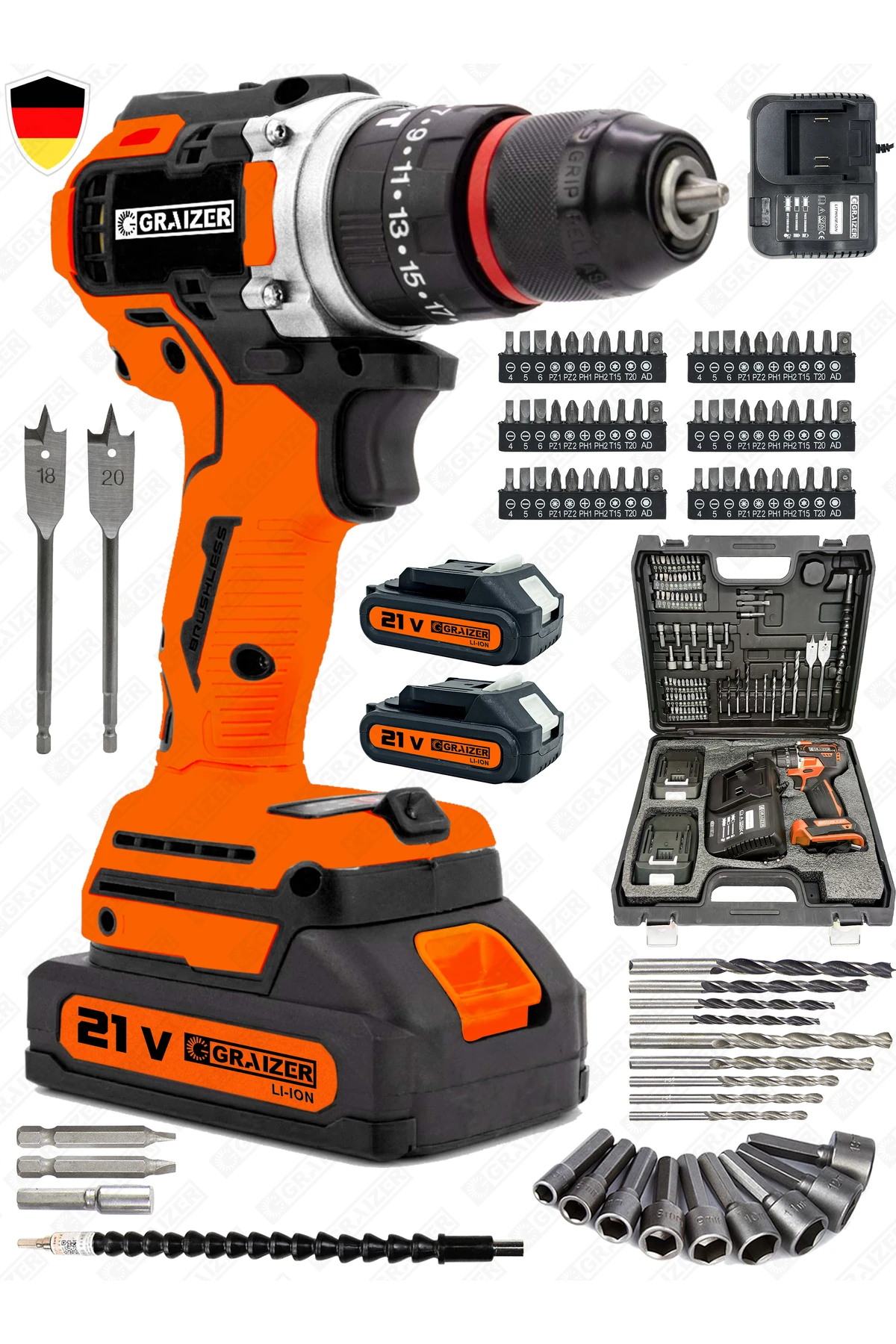 Alman 21 V Darbeli Profesyonel Kömürsüz Motor Çift Akülü Şarjlı Vidalama Matkap