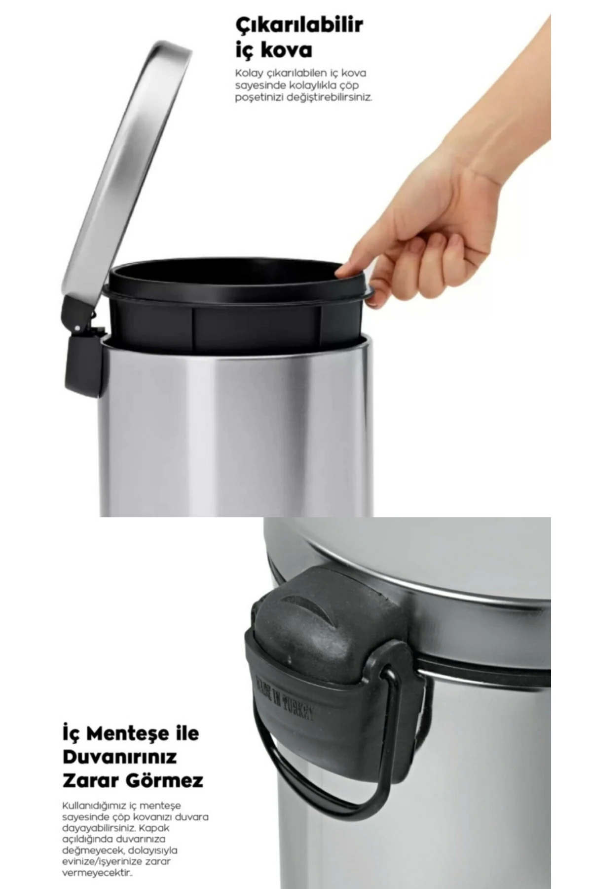 Vintage Siyah Çöp Kovası Amortisörlü Kapak Çizgili Lüks Model 16lt