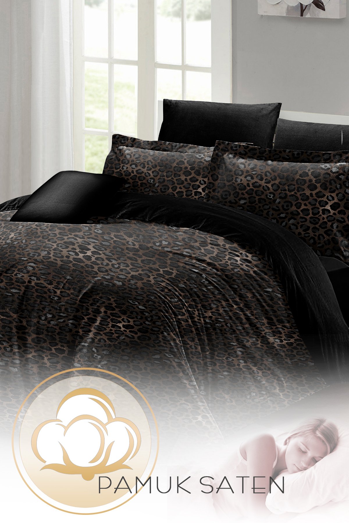Lastikli Çarşaflı %100 Pamuk Saten Çift Kişilik Nevresim Takımı Leopar Print