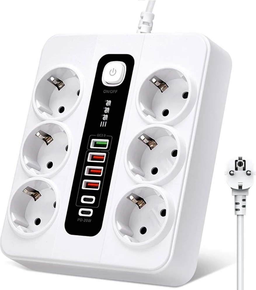 H-04 Akıllı Priz 3000W 10 Amper 6 Lı Priz 2 Metre Çoklu Priz 4 USB 2 Type C Pd Girişli Hızlı Şarj Istasyonu