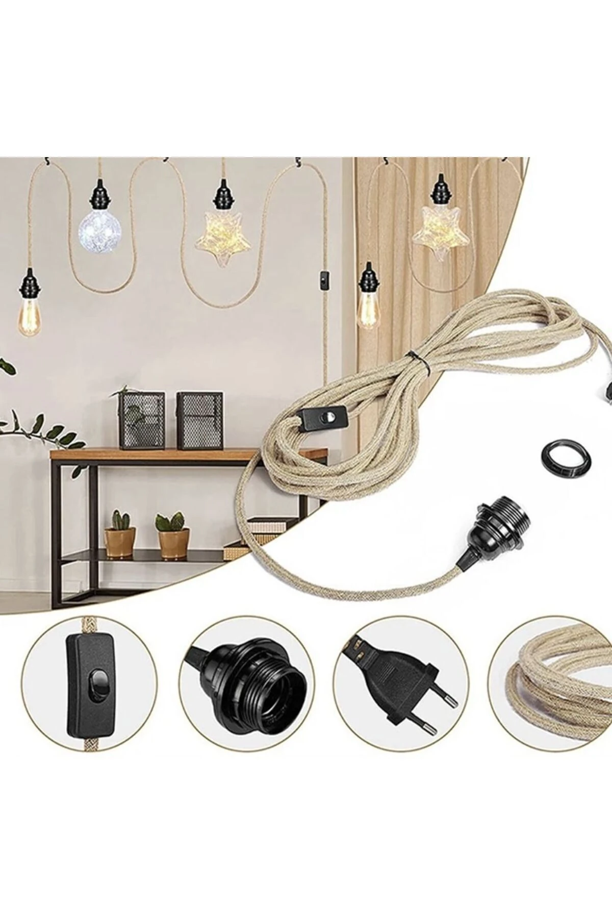 Jüt Halat Sarkıt Avize Anahtarlı Duy 5 Mt Bronz Rengi (AMPUL DAHİL)