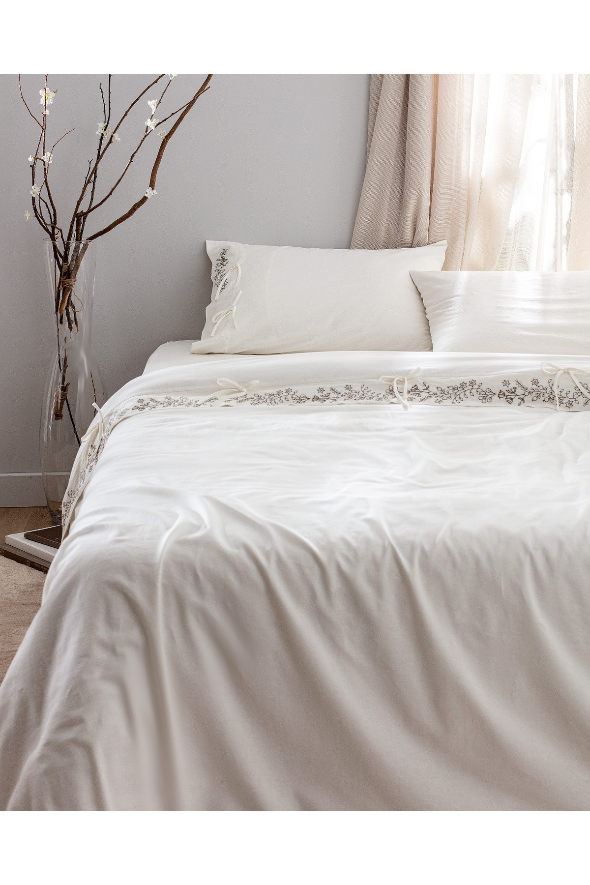 Relief King Size %100 Pamuk Bağlamalı Nevresim Takımı - Ekru/Haki