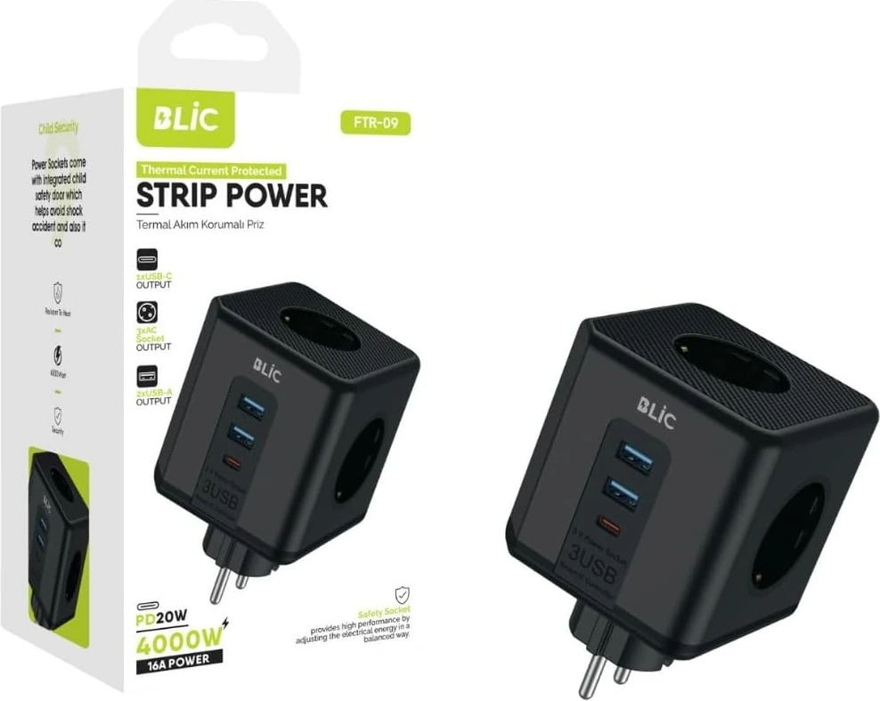 Akım Korumalı Priz, Kablosuz 3&apos;lü Priz Soketi, 3x Priz Girişi, 3x USB Girişi, Ergonomik Priz Çoğaltıcı, Kablosuz Kompakt Tasarım