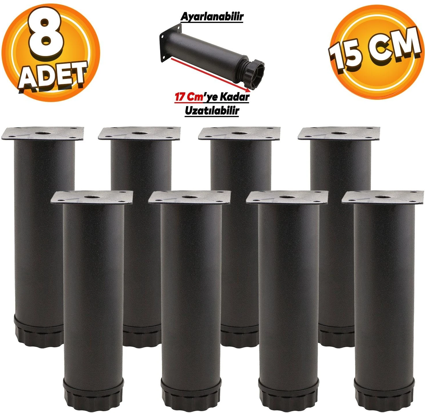Ayarlanabilir Mobilya Kanepe Baza Koltuk Metal Destek Yükseltici Ayağı 15 Cm Siyah Ayakları (8 Adet)