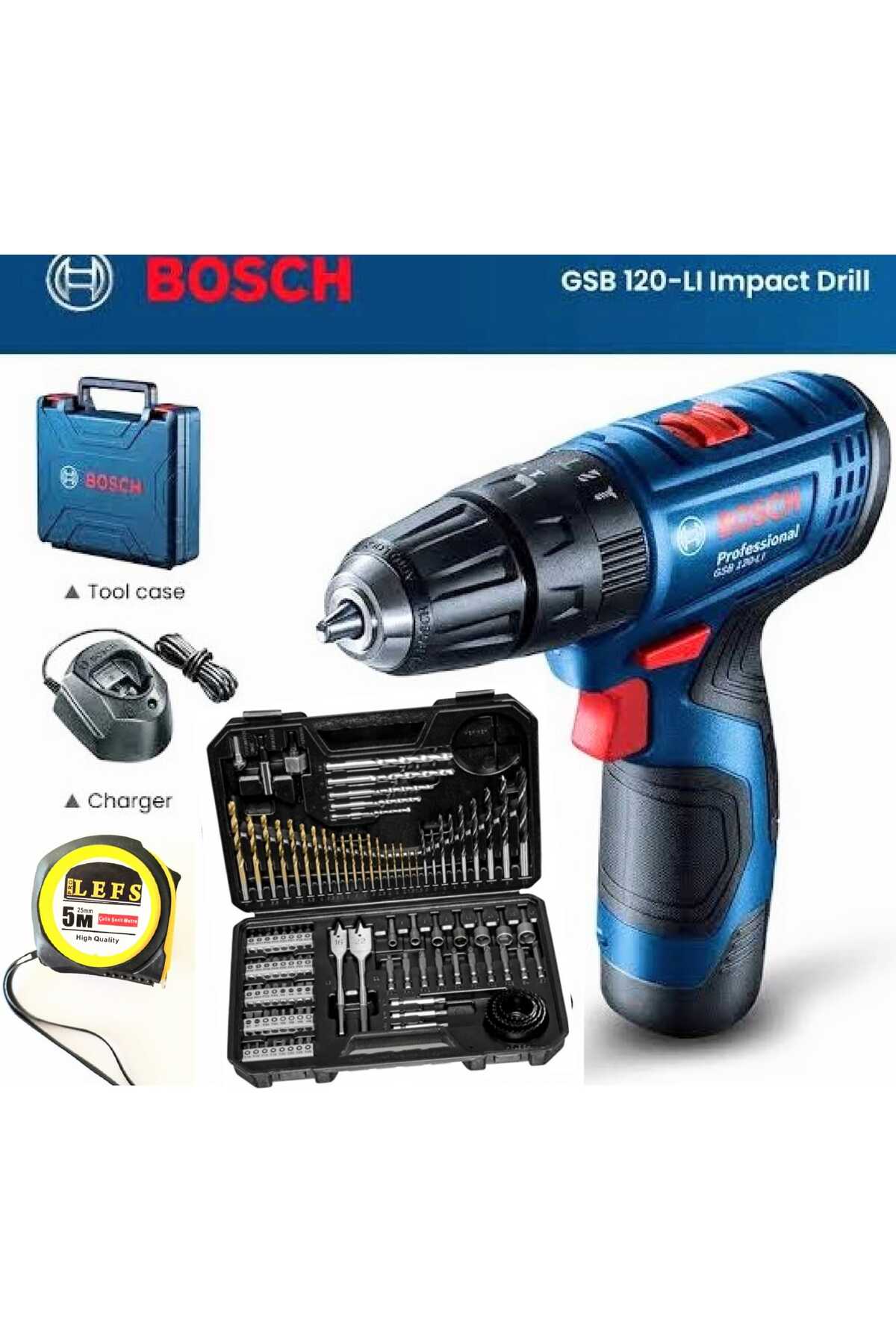 BOSCH Gsb 120 Li Darbeli Matkap Vidalama (TEK BATARYA) , V-Line 103 Parça Uç Seti ve Metre