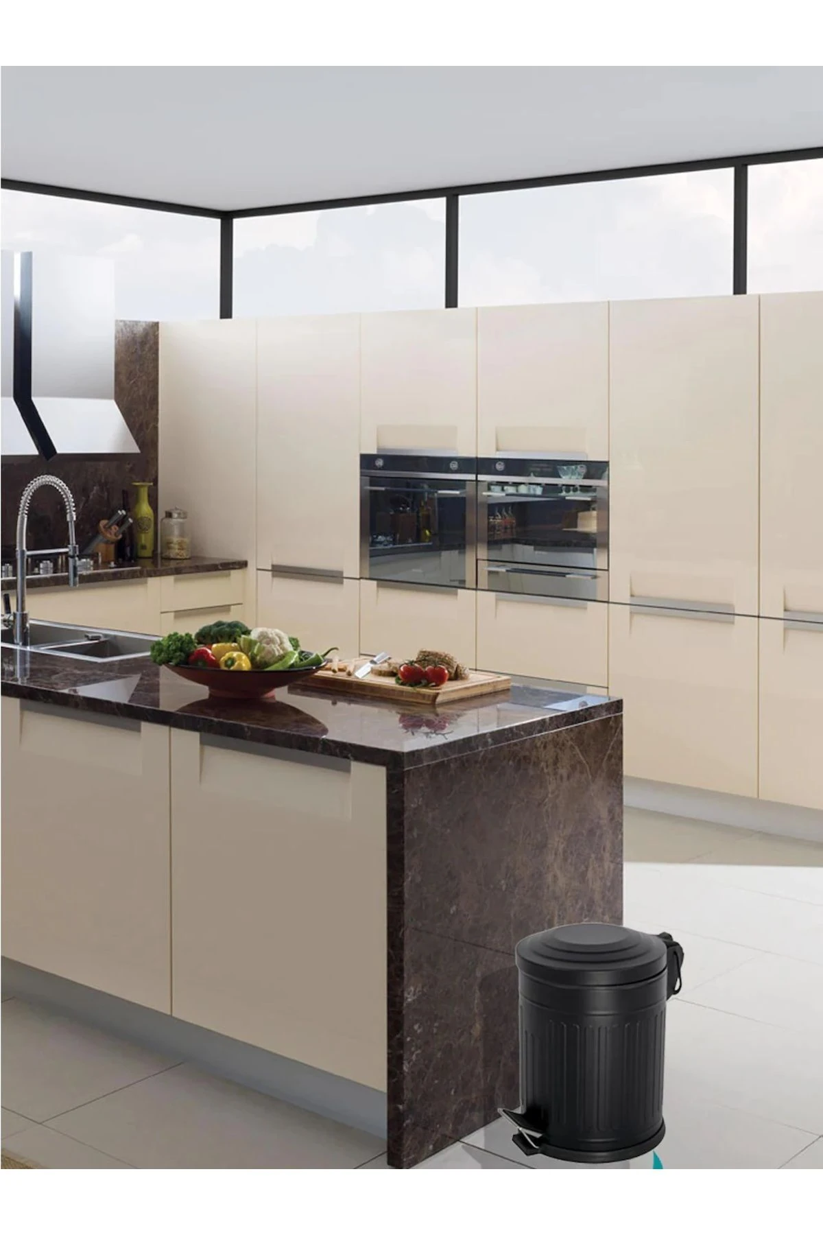 Vintage Serisi Amortisör Kapaklı 3 Litre Vintage Siyah Çöp Kovası Pedallı Banyo Mutfak Tuvalet