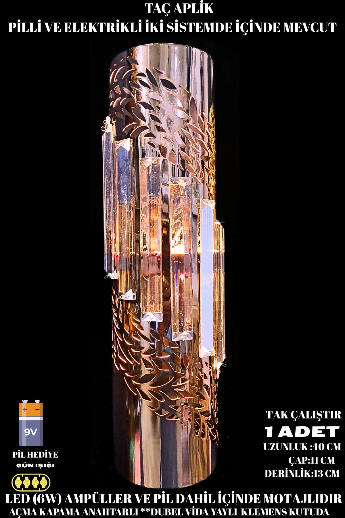 Taç Aplik Rose, Pilli Aplik, Anahtarlı, Pilli Elektrikli Ledli Duvar Aplik, Gece Lambası