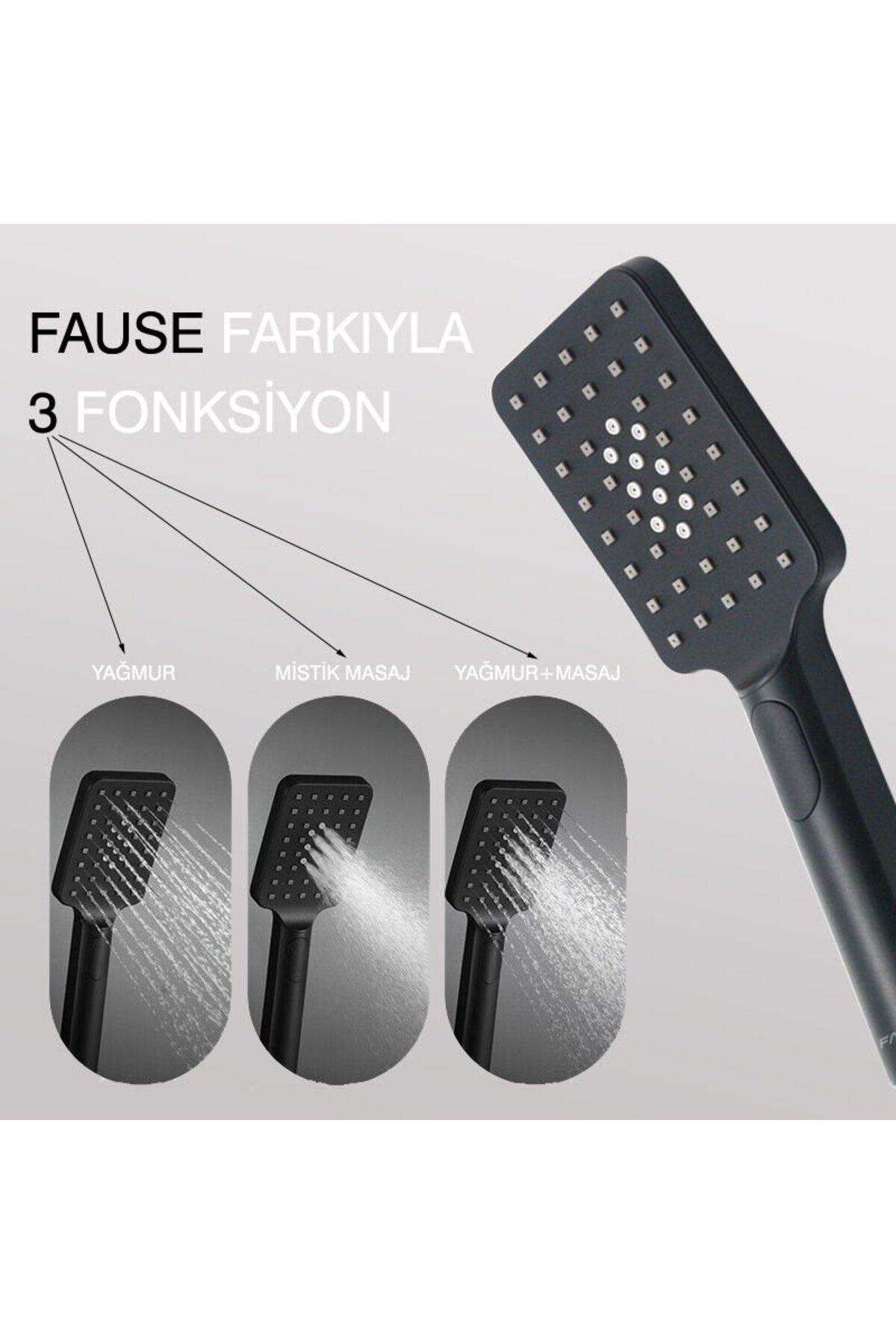 El Duş Başlığı 3 Fonksiyonlu Kare Siyah