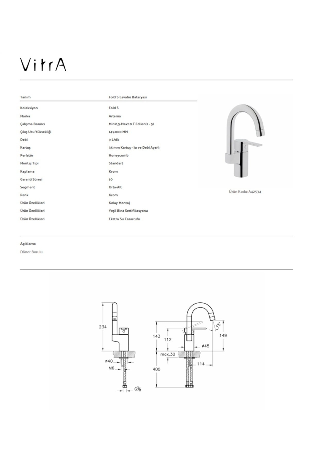 Fold S Lavabo Bataryası Armatürü Döner Borulu A42534