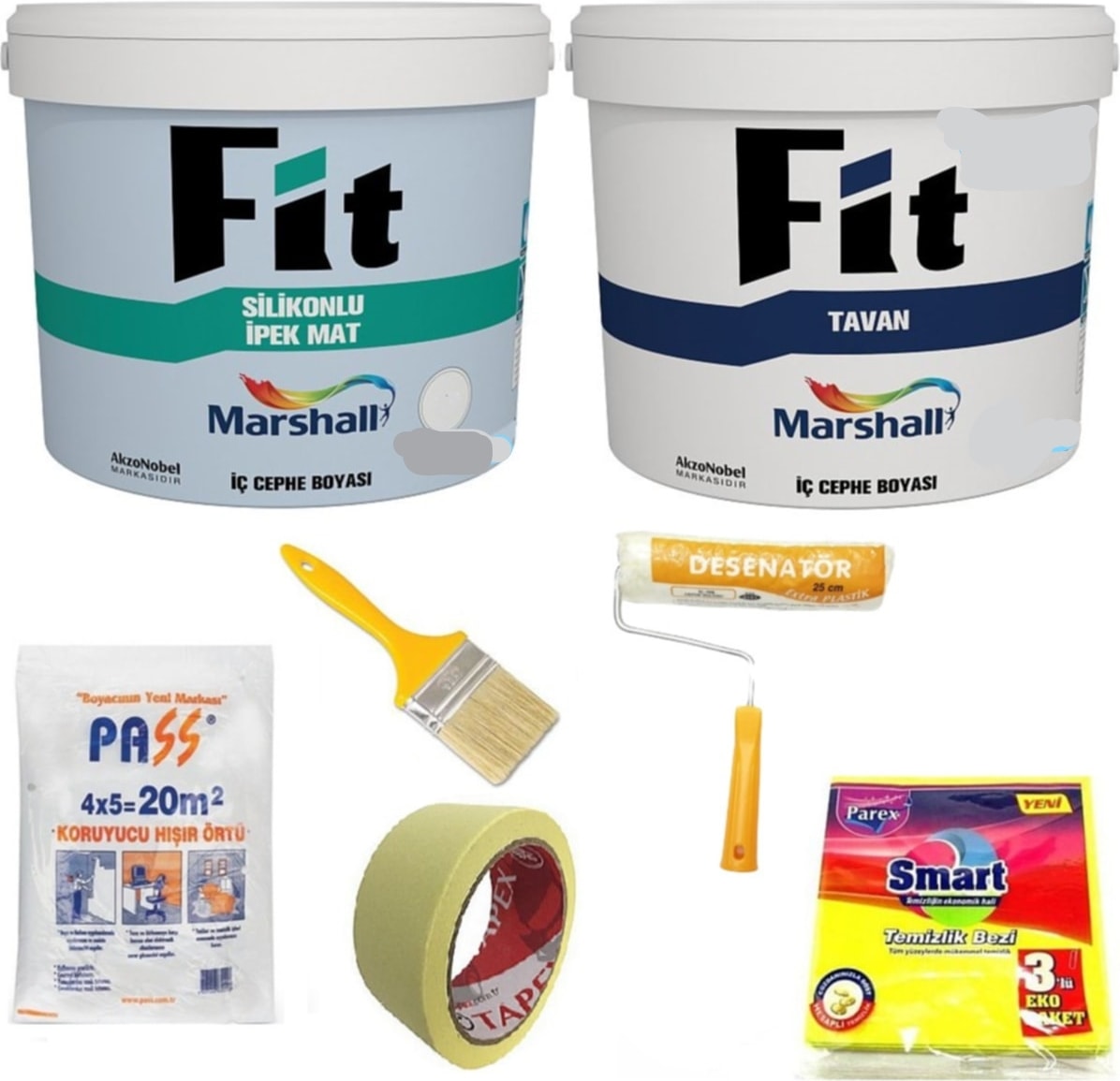Fit Silikonlu Ipek Mat Iç Cephe Boyası 20KG + Fit Tavan Boyası 17,5 kg + 5 Parça Boyama Seti