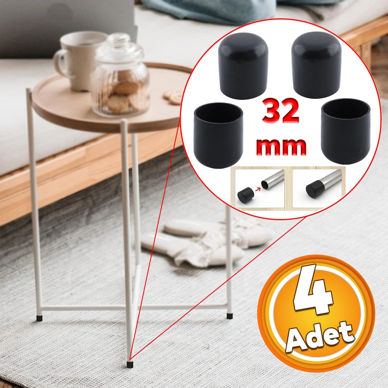 Parke Zemin Koruyucu 4 Adet Masa Sandalye Sehpa Ayak Tapası Tıpa Pabucu Takoz Yuvarlak Siyah 32 Mm