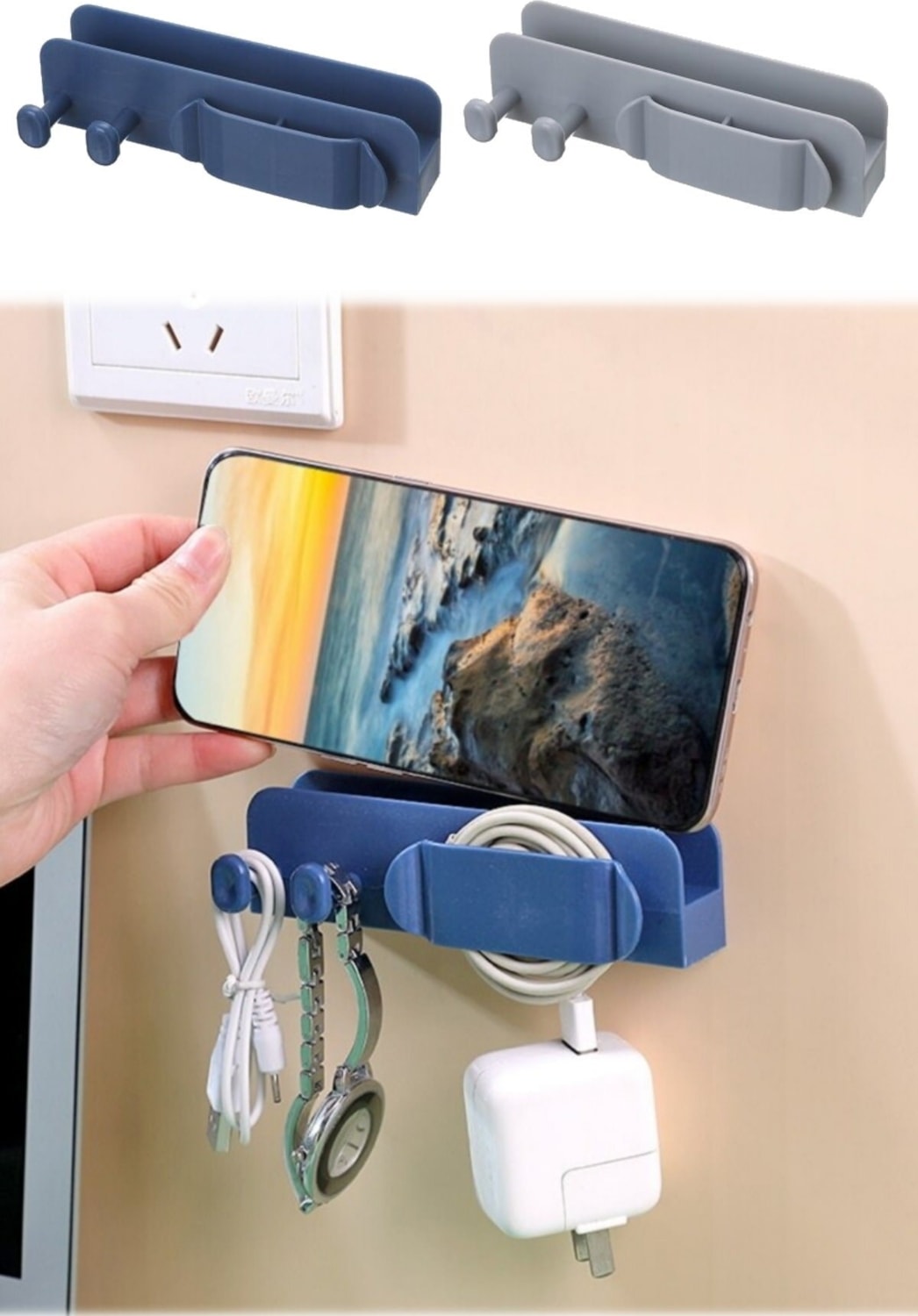 2 Adet Telefon Şarj Kablo Askısı Saat Takı Anahtarlık Düzenleyici Yapışkanlı Telefon Şarj Kablo Standı 2 Adet