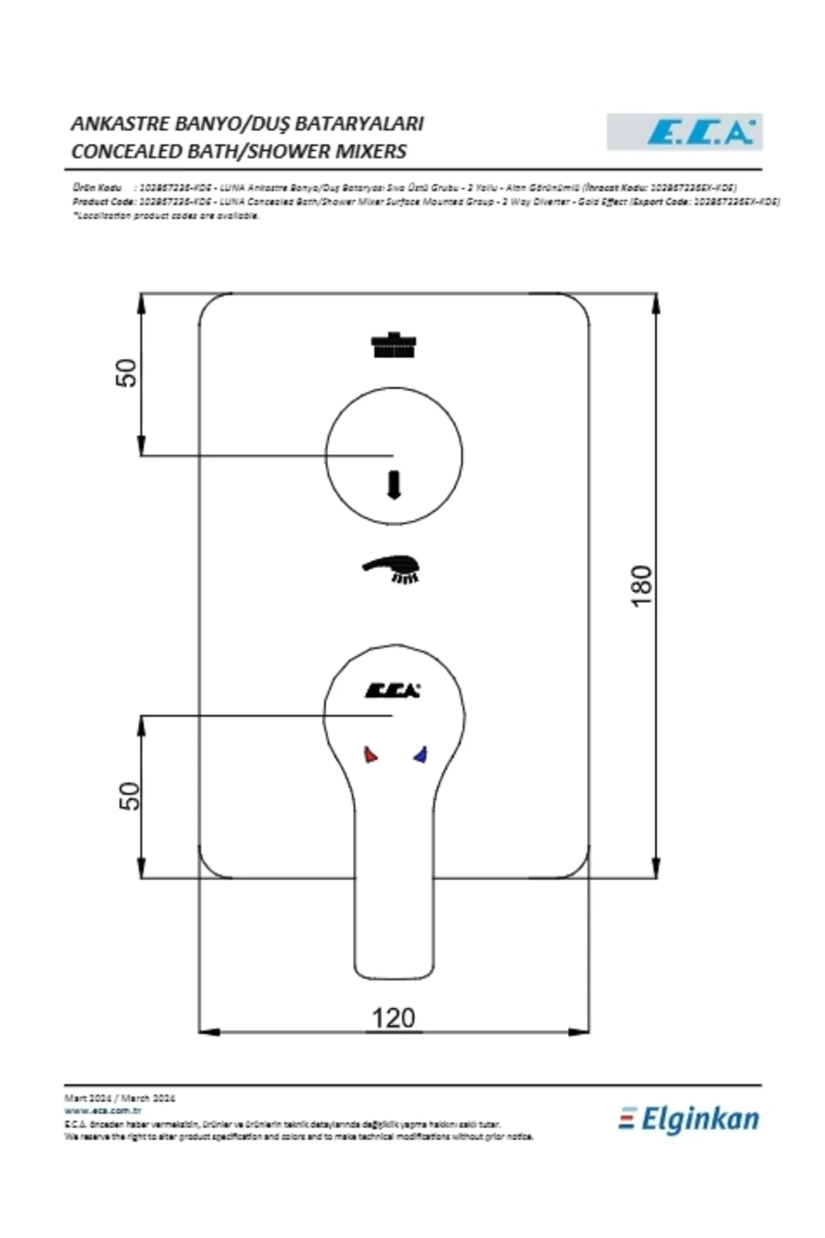 Luna Ankastre Banyo Bataryası Sıva Üstü 2 Yollu Altın Görünümlü