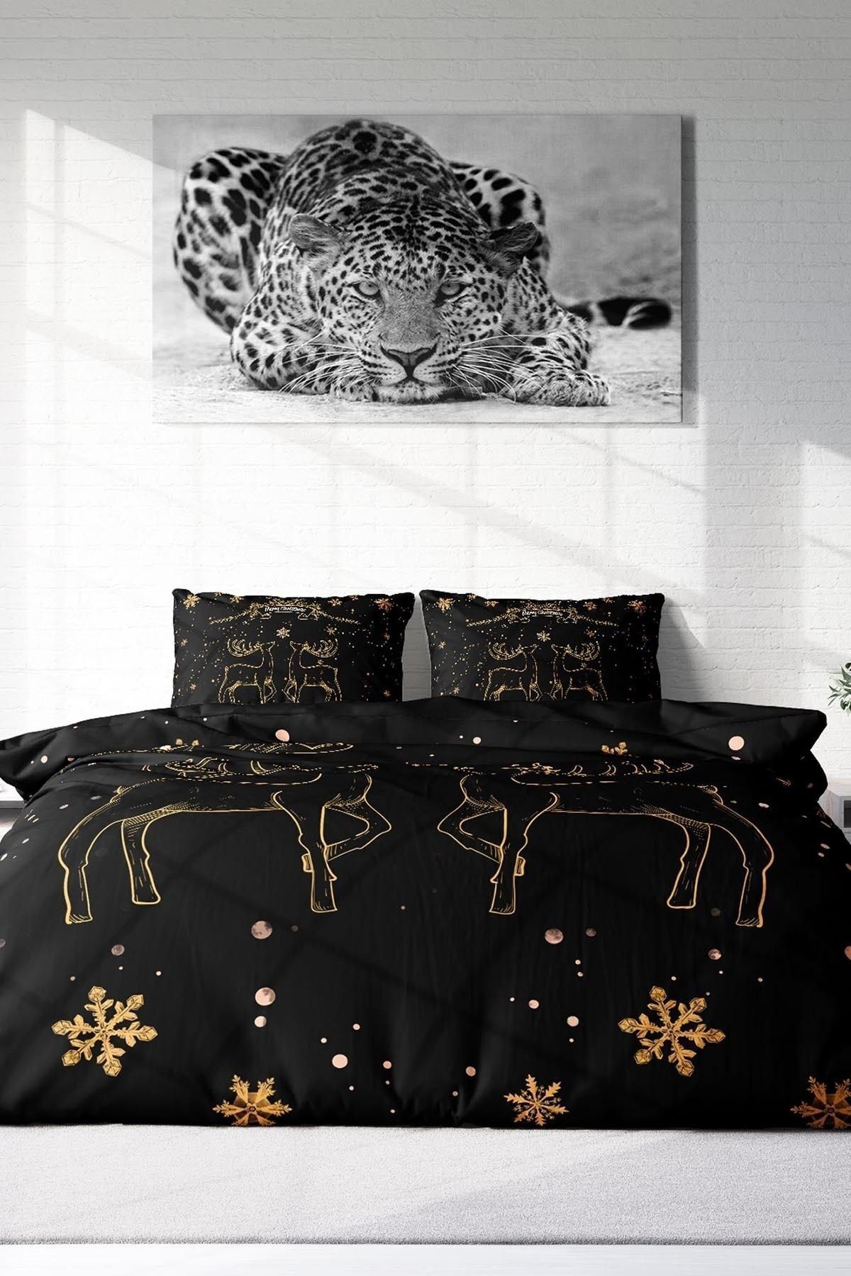 Yılbaşı Nevresim Takım %100 Doğal Pamuk Merry Christmas Çift Kişilik Black Deer