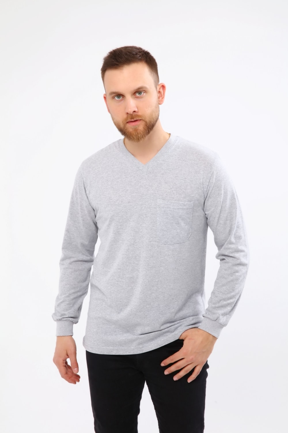 Çamdalı Iş Elbiseleri V Yaka Gri Uzun Kollu Sweatshirt Süprem Iş Tişörtü