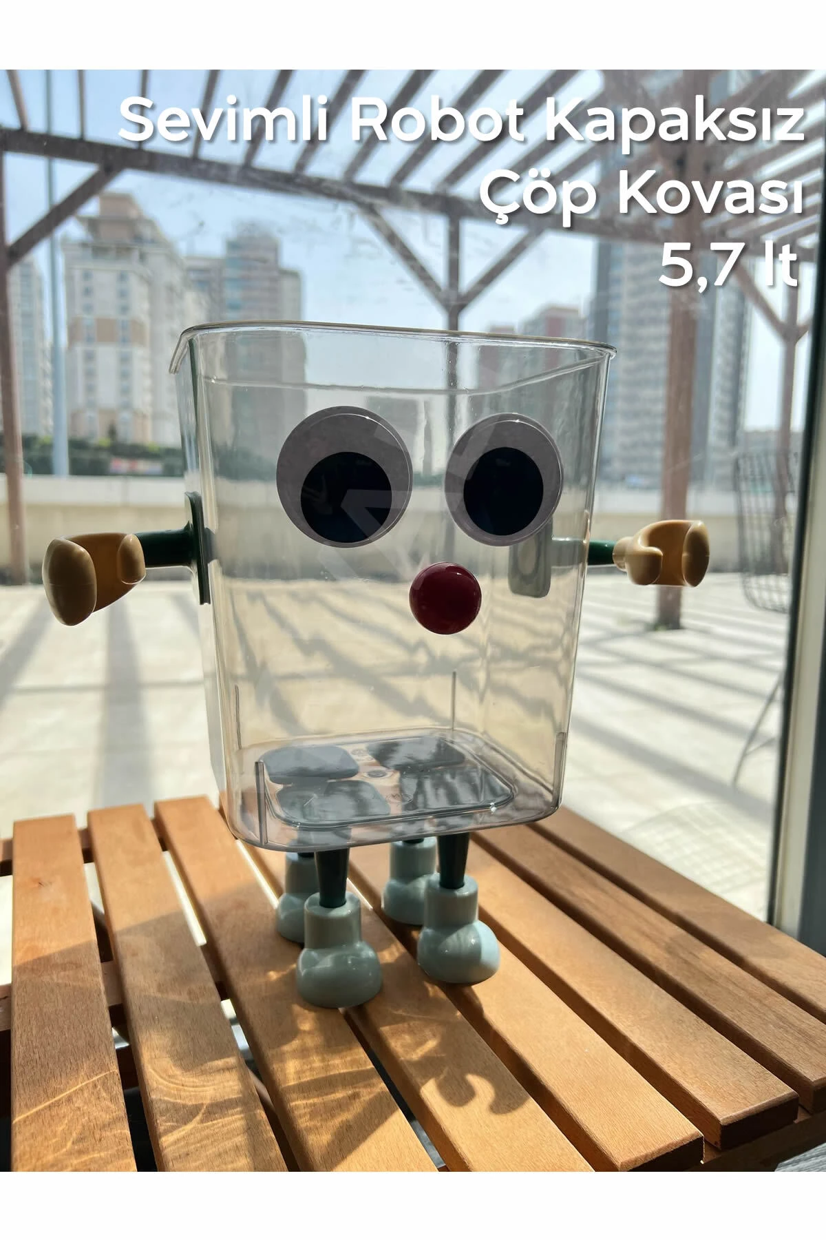 Sevimli Robot Çöp Kovası Çocuk Oyuncak Saklama Kutusu Stickerlı | Kapaksız 5,7 Litre Antrasit