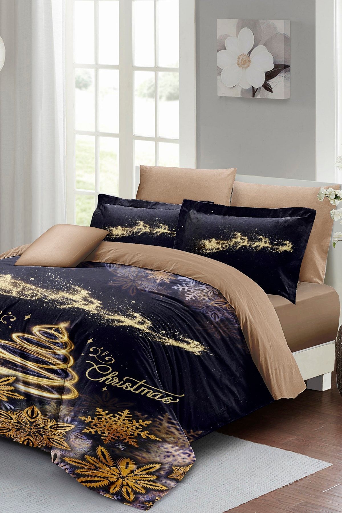 Yılbaşı Süsü Gold Coffee Noel %100 Pamuk Saten 3d Çift Kişilik Nevresim Takımı