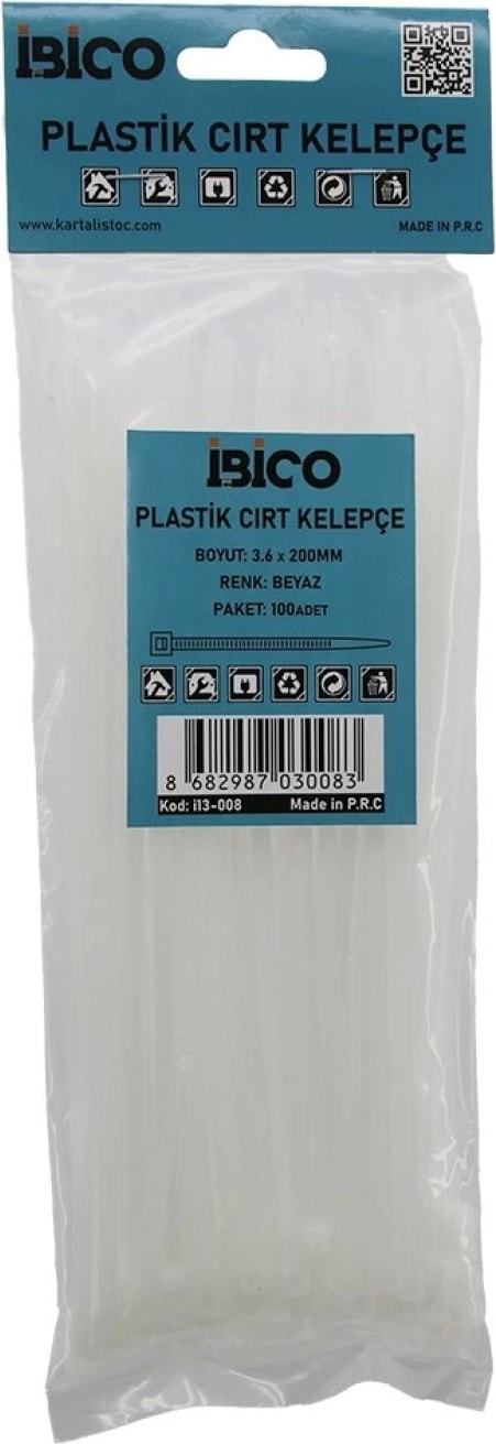 Beyaz 3.6X200 mm Plastik Cırt Kelepçe 100 PCS