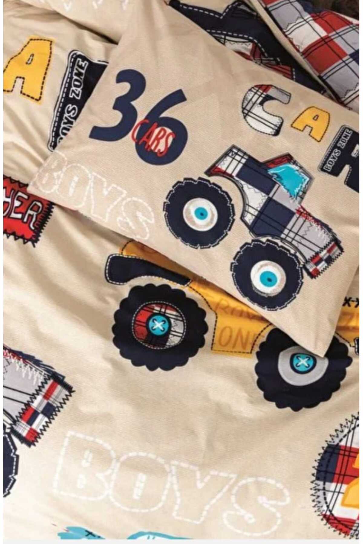 Junior Tek Kişilik Çarşafı Lastikli Nevresim Takımı Cars Bej