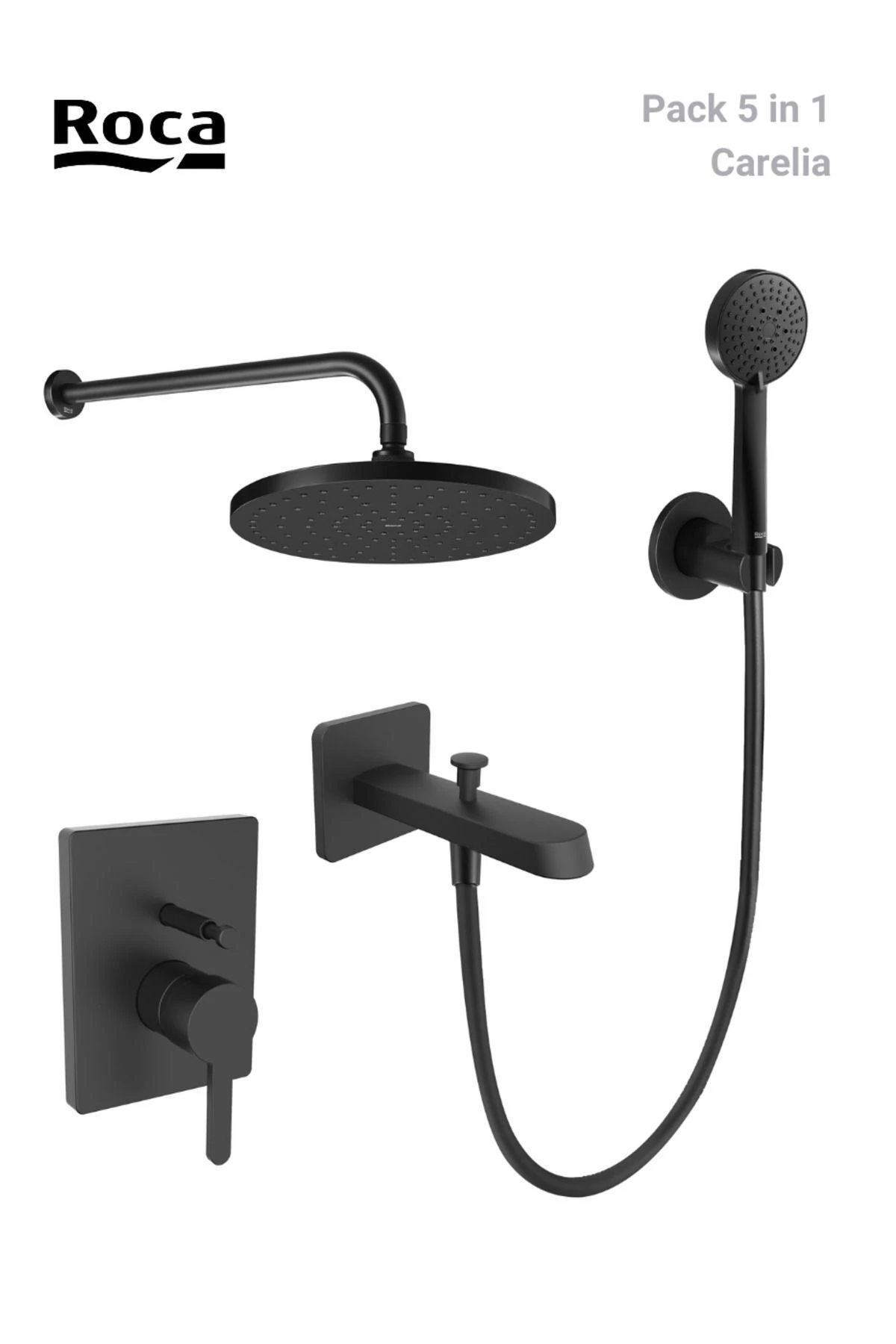 Carelia Mat Siyah 5 Parçalı Ankastre Banyo Duş Sistemi, Iç Set Dahil (DUVARDAN BORULU)