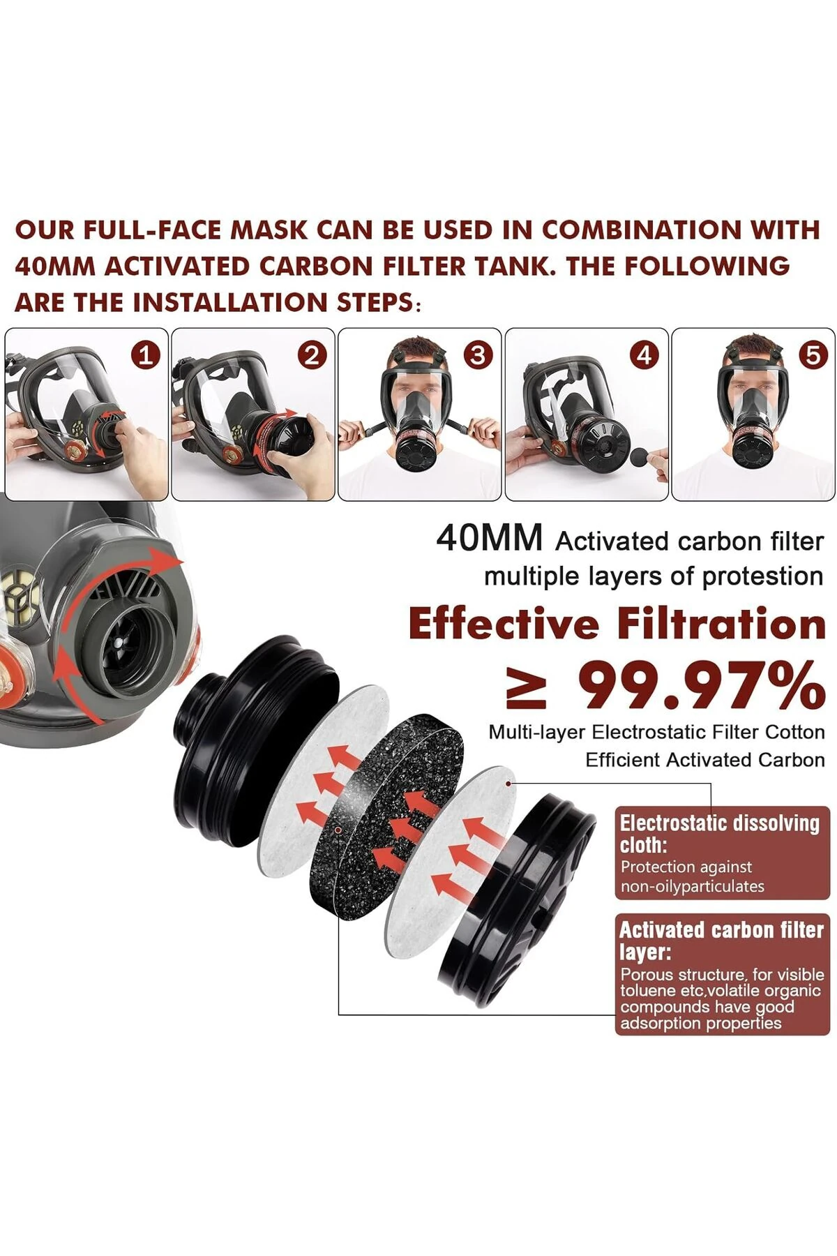 TAM YÜZ GAZ MASKESİ HAYATTA KALMA NÜKLEER GAZ 40MM AKTİF KARBON