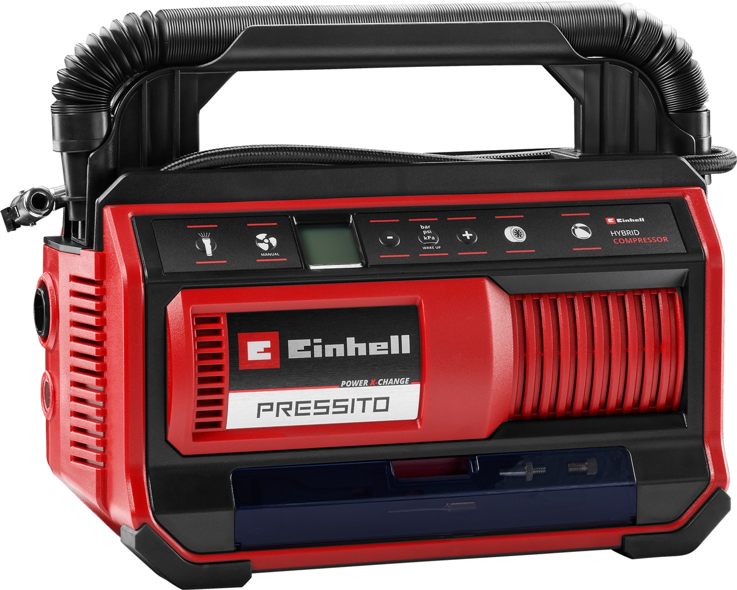 PRESSITO 18/25 Power X-Change Hibrit Kompresör (18 V, Güç Kablosu veya Akü ile Çalışır, Maks. 11 bar, 4-parçalı Adaptör Seti ve 2 Hortum dahil, Akü dahil değildir) - 4020430