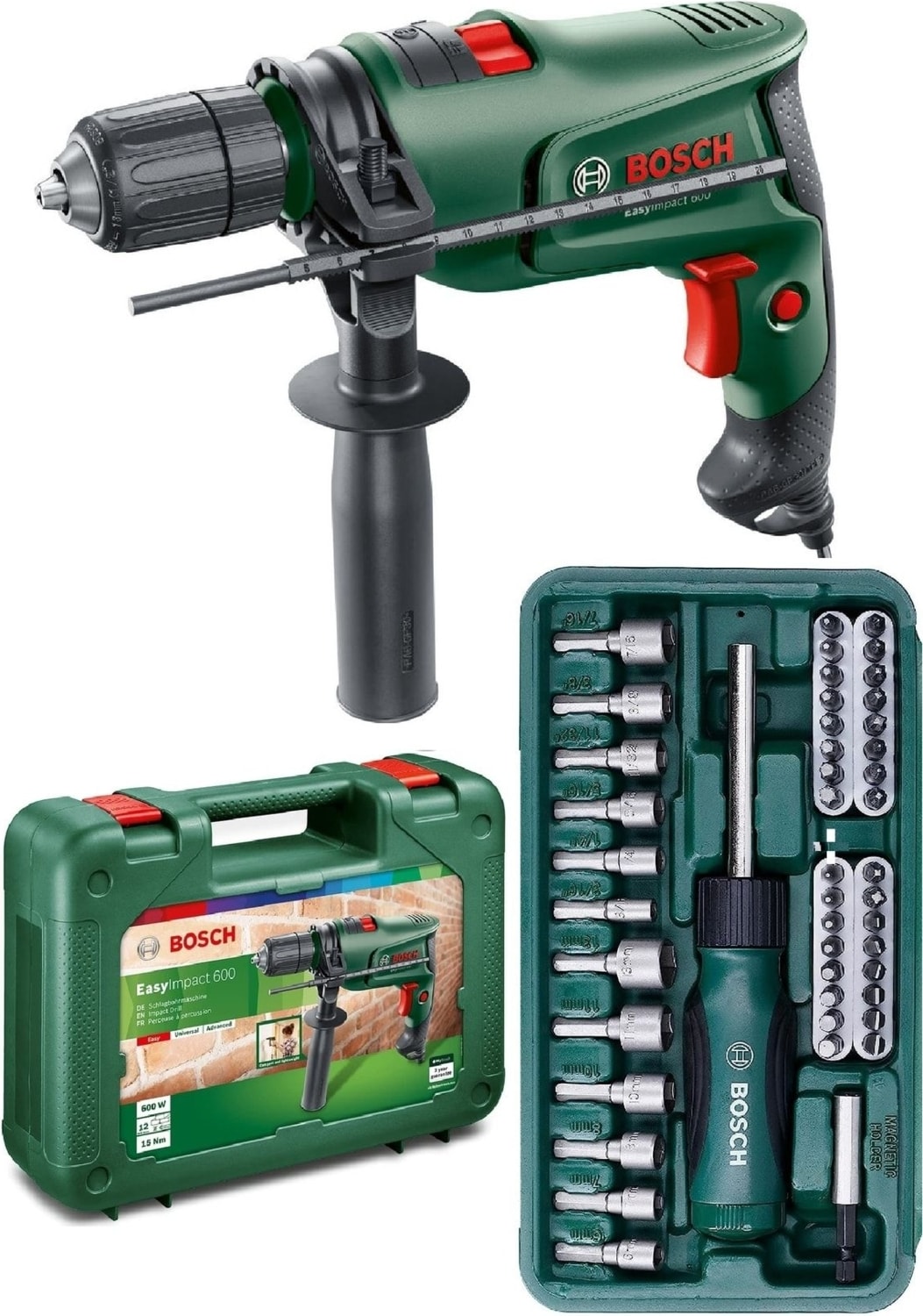 Darbeli Matkap 600 Watt 13MM + 46 Parça Vidalama Ucu Lokma Ucu Cırcır Tornavida Seti Cırcırlı