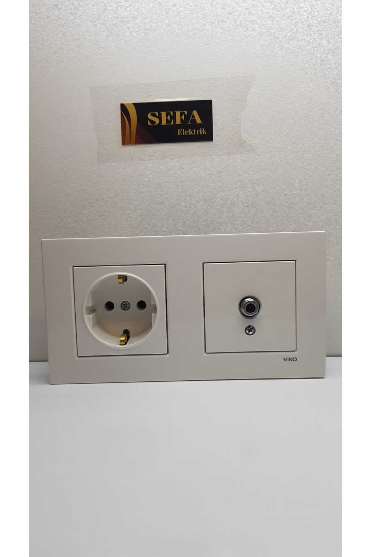 TOPRAKLI PRİZ UYDU PRİZİ ÇERÇEVELİ İKİLİ TAKIM BEYAZ  KARRE