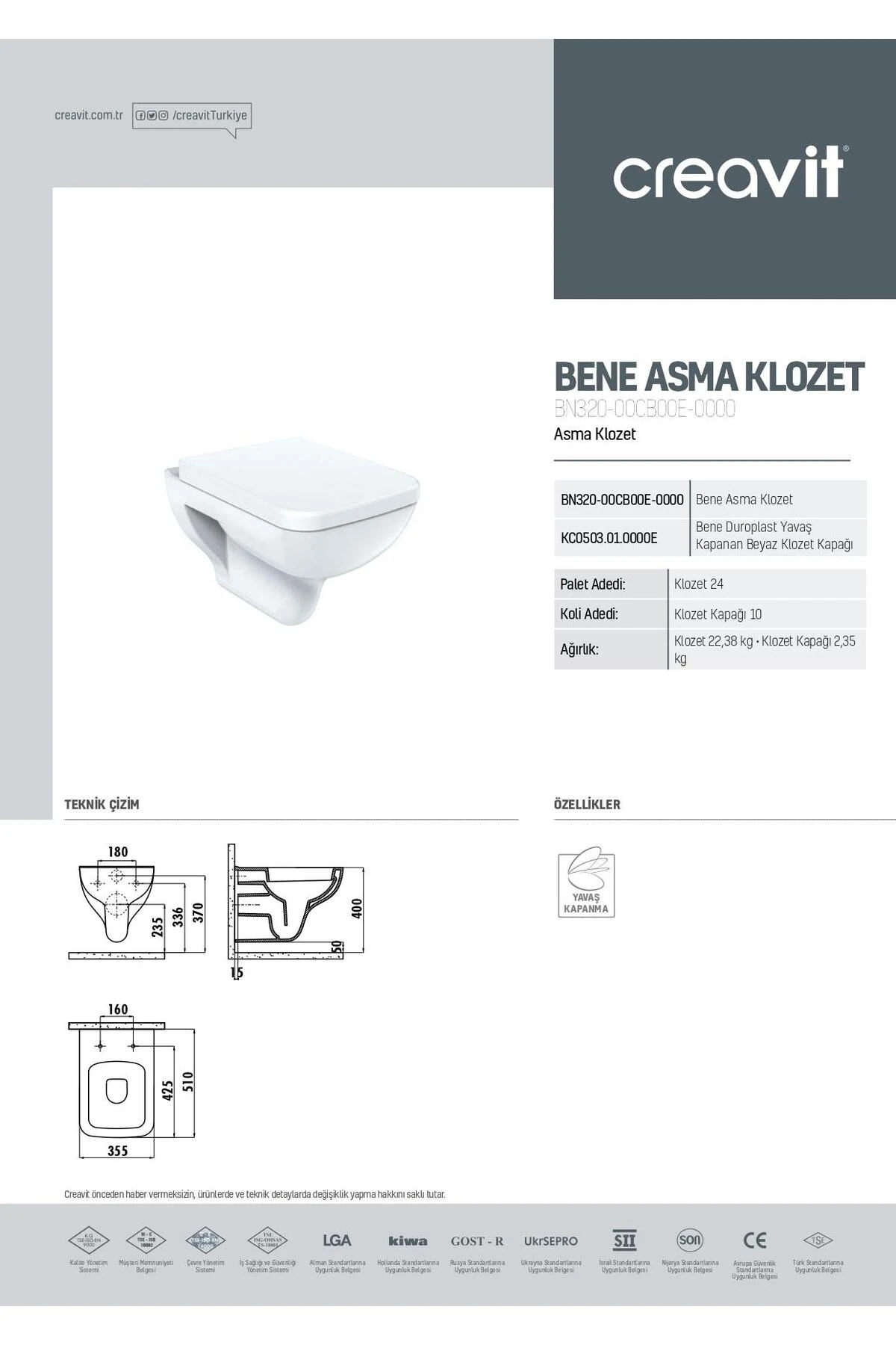 Bene Asma Klozet (BN320.00) + Bene Yavaş Kapanan Kapak 2'li Set