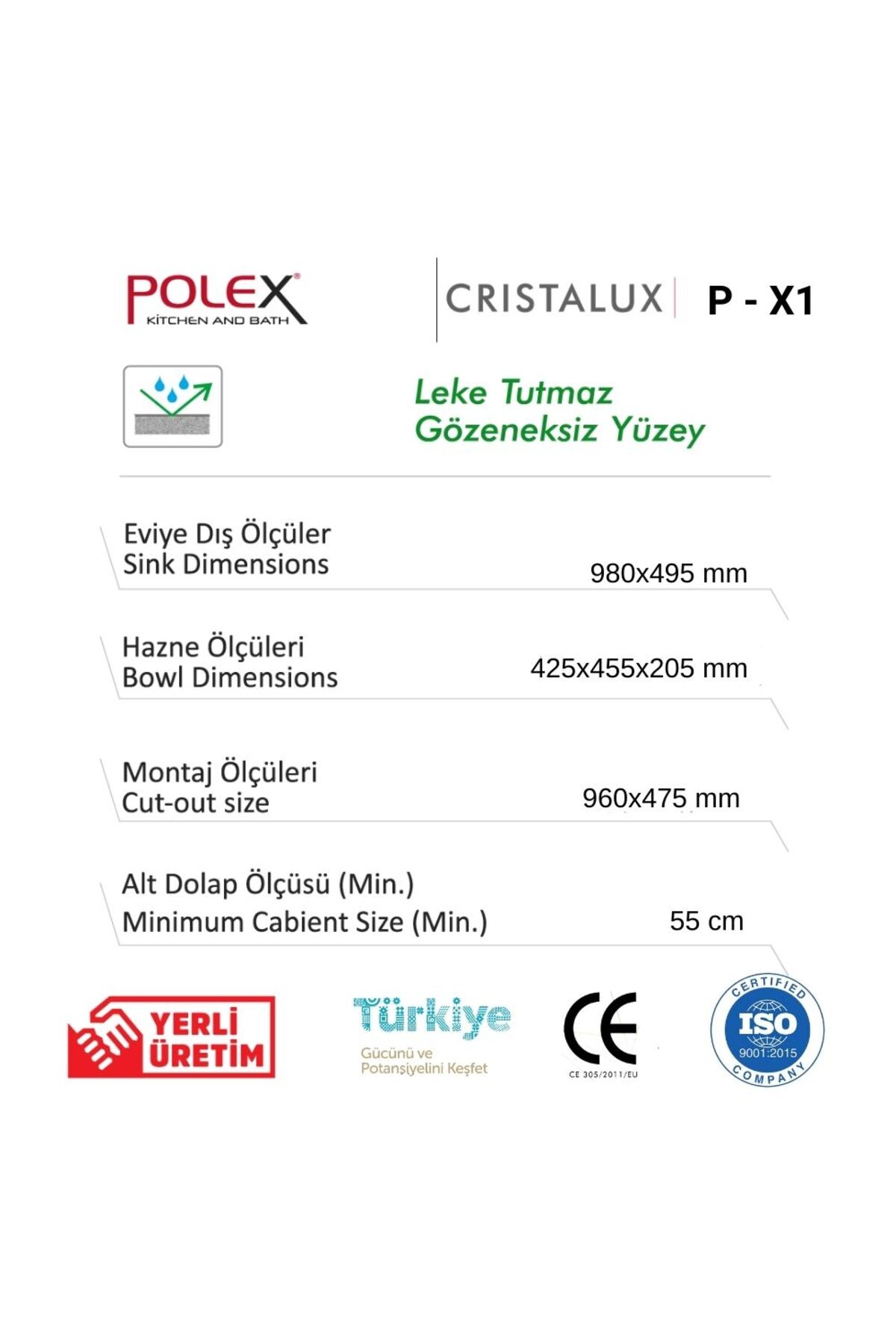 Cristalüx Granit Evye P-x1 Antrasit Tezgah Altı Ve Tezgah Üstü Mutfak Evyesi 98x49,5cm