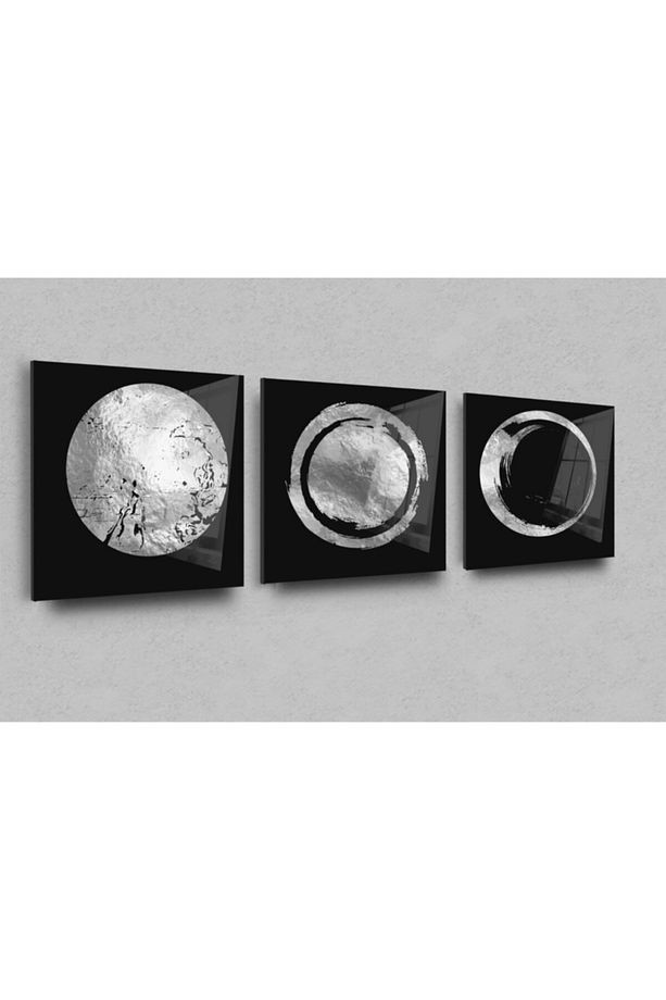 3lü Gümüş Gri Dairesel Soyut Cam Tablo, Modern Tablo, Duvar Dekor, Büyük Tablo, Cam Duvar Tablo