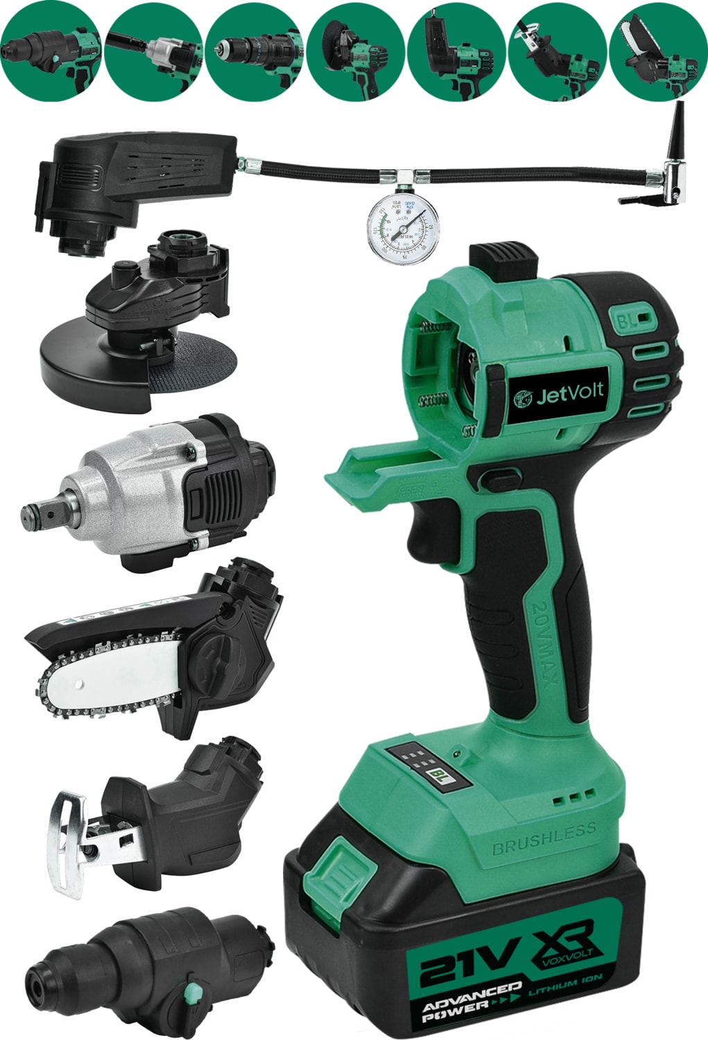 7 Başlıklı Set Taşlama Somun Sıkma Tilki Kuyruğu Dal Budama Akülü Vidalama Hava Pompası Hilti - Yeşil