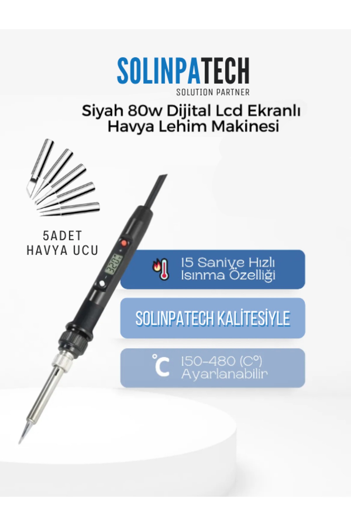 80w Lcd Isı Ayarlı Profesyonel Kalem Havya Ve 5 Kaliteli Yedek Uç Seti Hassas Lehimleme Çözümü