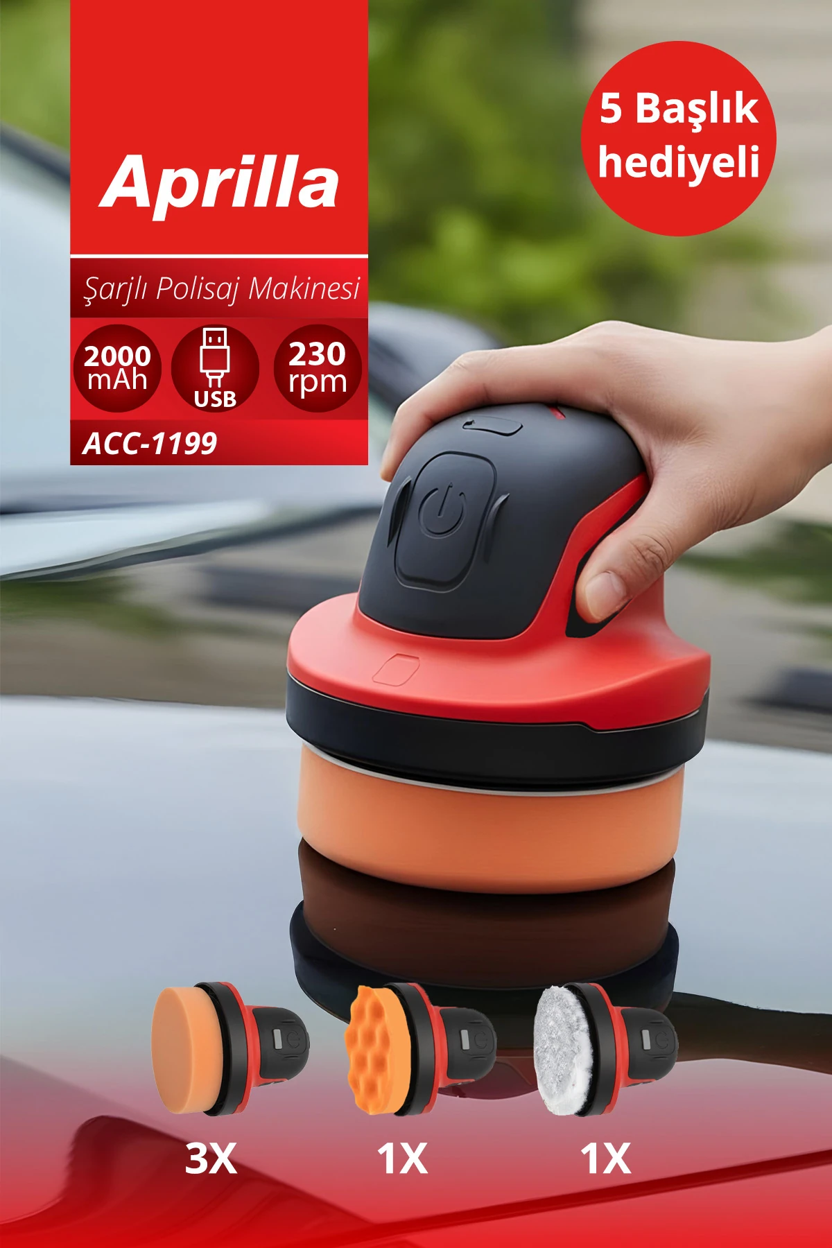 Acc-1199 Şarjlı Polisaj Makinesi – 10 cm Parlatma Yüzeyi, Sünger Seti, Hafif ve Ergonomik Tasarım