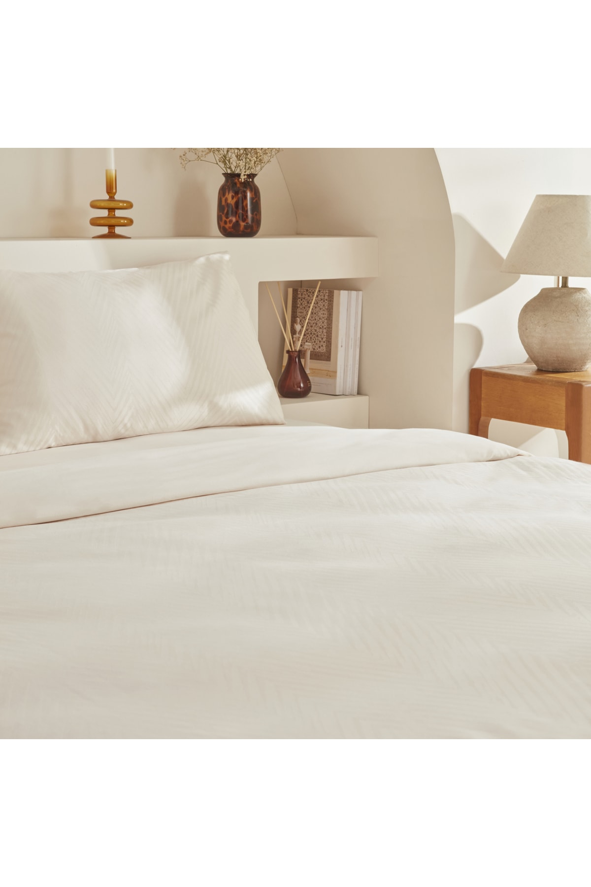 Sion %100 Pamuk Jakarlı Saten King Size Nevresim Takımı Ekru