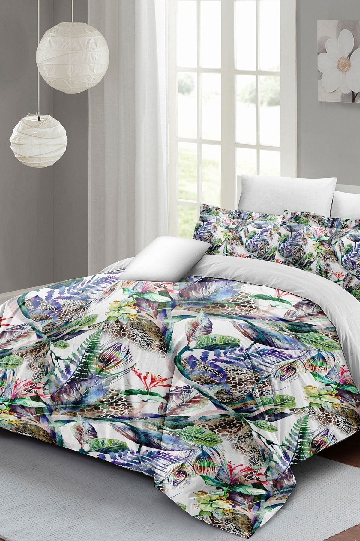 Exotic Floral Luxury Çift Kişilik Pamuk Saten Nevresim Takımı