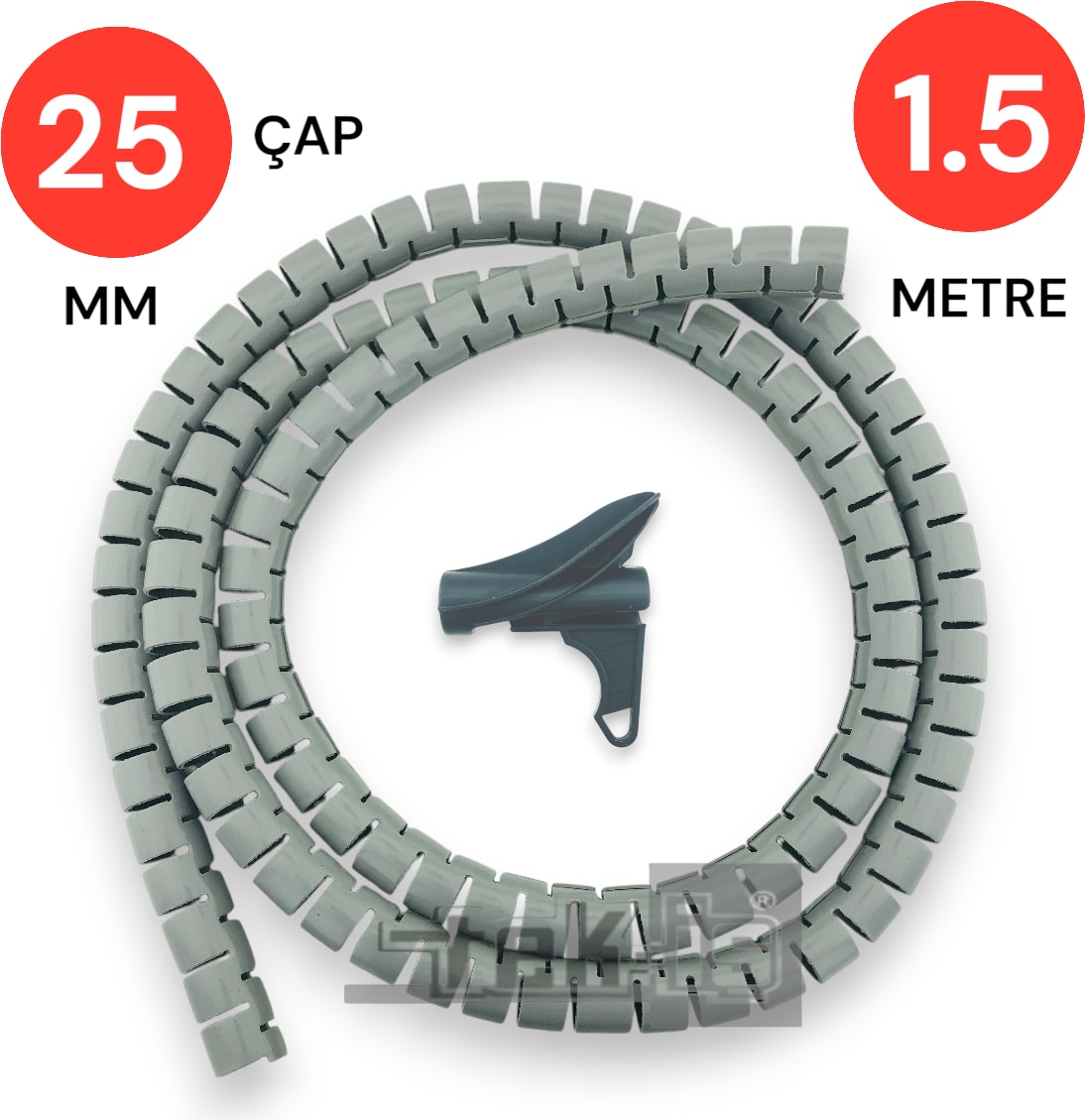 25MM 1,5 Metre Yarıklı Spiral Kablo Kanalı Hortum – Kablo Gizleme ve Izolasyon Borusu, Esnek Gri