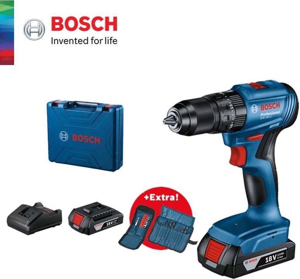 BOSCH Gsb 185-LI Tek Akülü Kömürsüz Darbeli Matkap Vidalama Şarjlı Matkap + 64 Parça Bits Uç Aksesuar Seti