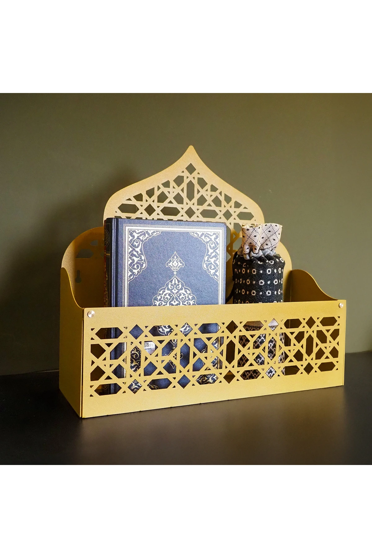 İslami Motifli Metal Duvar Organizeri – Seccade & Kur’an Rafı - WAMH200