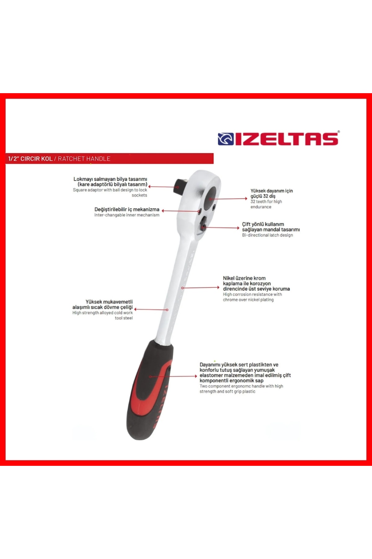 İZELTAŞ Cırcır Kolu,1/2 Inç 250mm, 32 Diş, Dayanıklı Ve Hassas Kontrol
