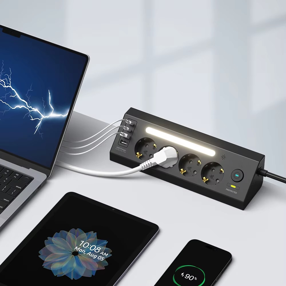 Çoklu Gece Lambalı Priz Yüksek Gerilim Korumalı 4'lü Priz 2xusb 2xtype-C Çıkışlı Grup Priz Çoğaltıcı