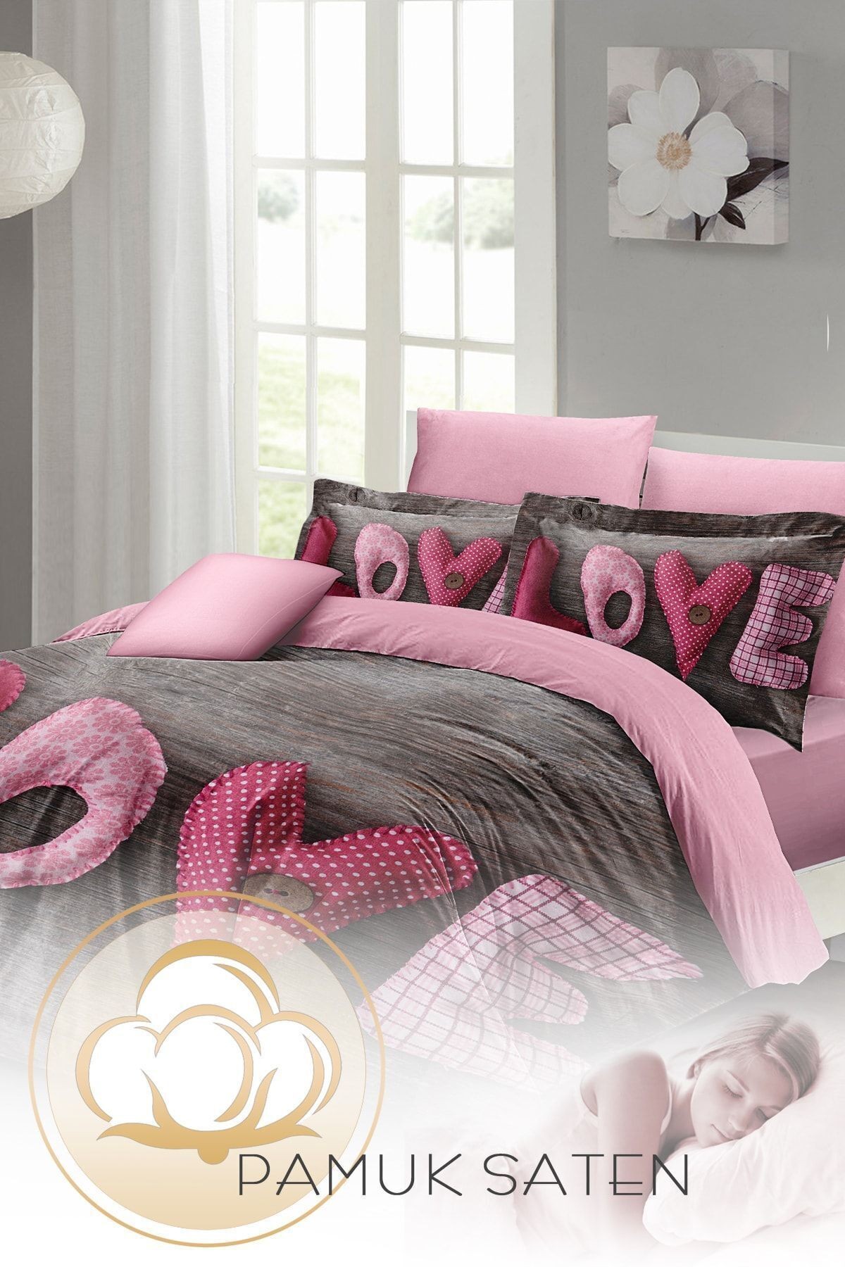 Çift Kişilik Çeyizlik Nevresim Takımı Sık Dokuma Pamuk Saten 3d Sevgililer Günü Love