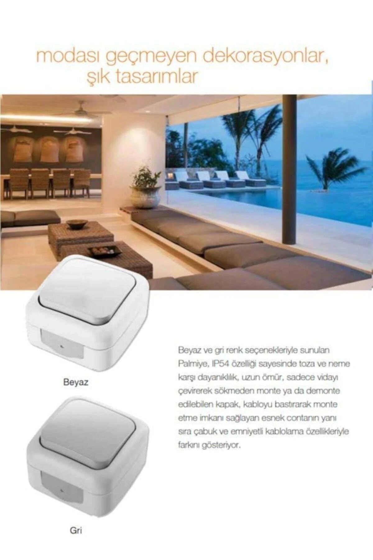 Palmiye Sıva Üstü Anahtar + Topraklı Priz Kombine Set ( Su Sıçramalarına Dayanıklı)