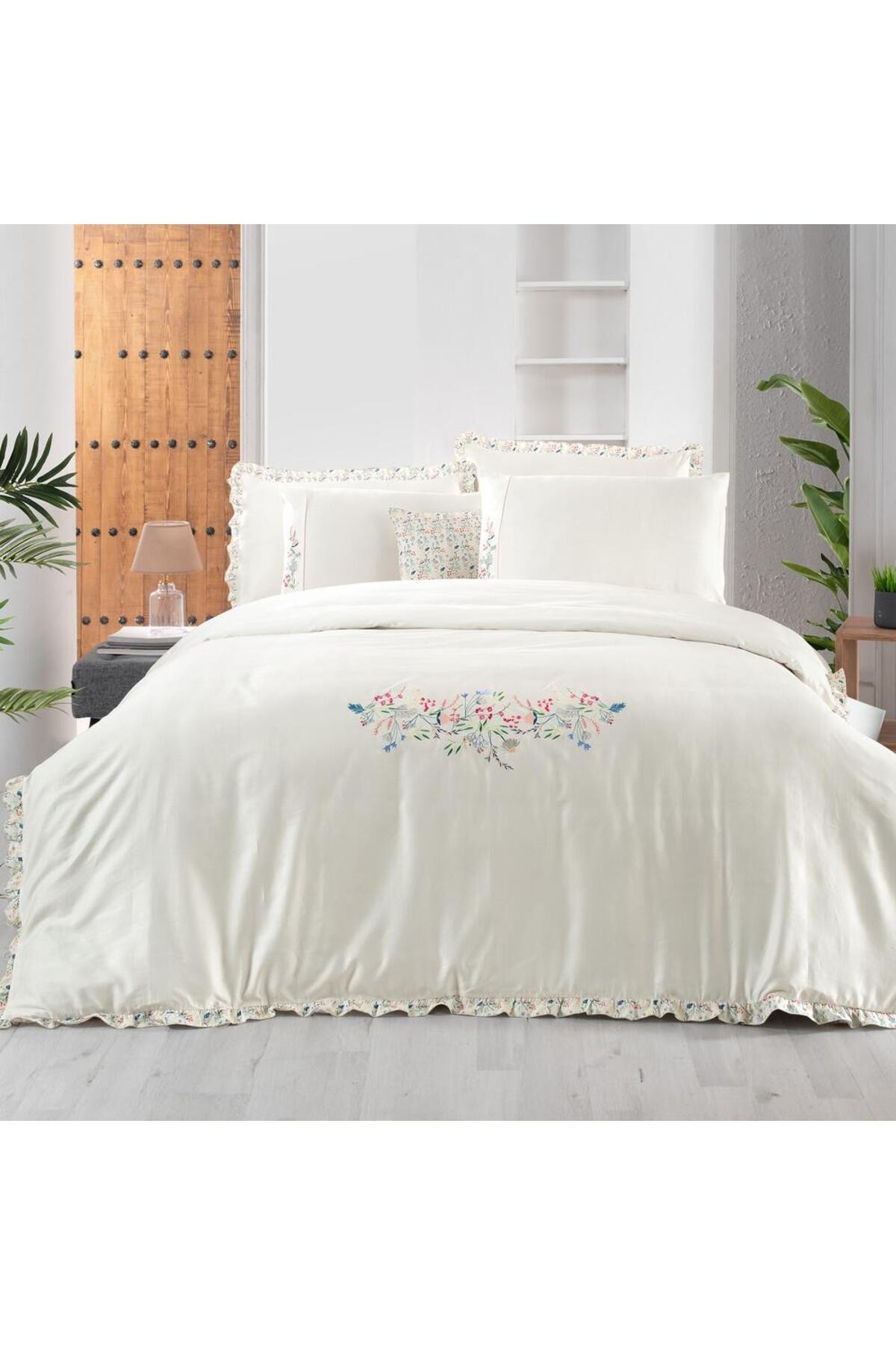 Nitra Ekru King Size Battal Boy %100 Pamuk Saten "300 TC" Nevresim Takımı