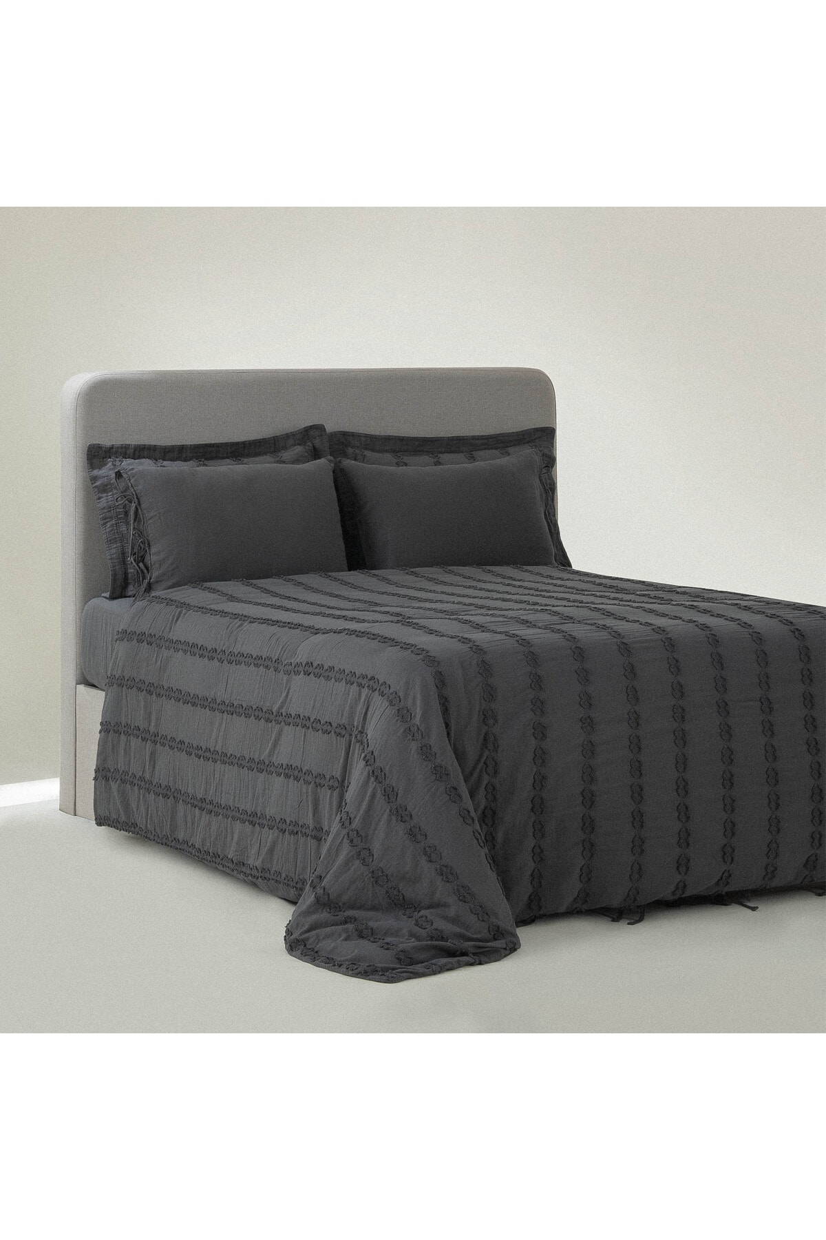 Sima Battal Boy Nevresim Takımı %100 Organik Pamuk Müslin Brodeli Antrasit 240x220 Cm