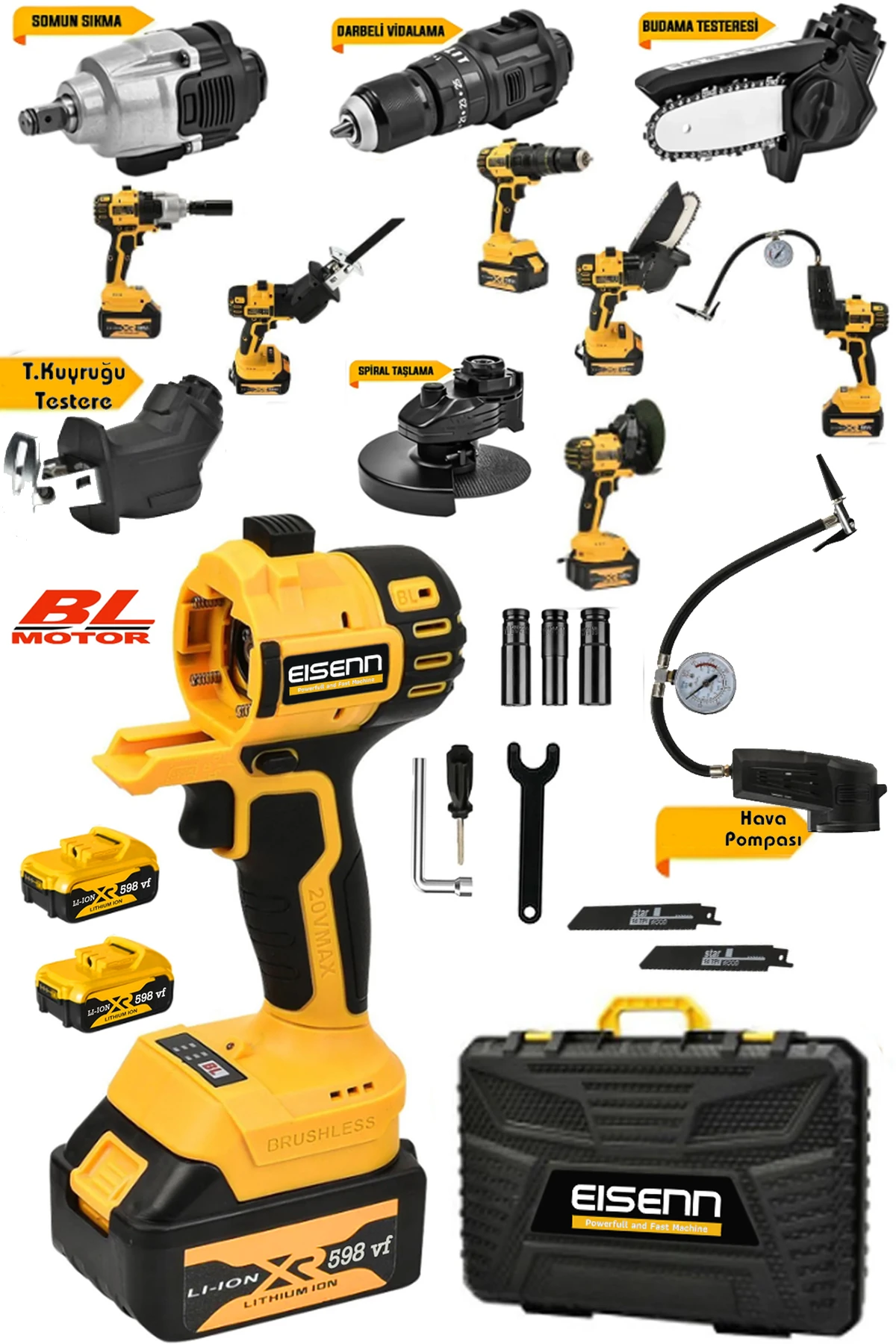 Germany Bl Motor 6 Kafalı Set Darbeli Mat. Budama Mak Tilki Kuy. Taşlama Somun Sök. Hava Pompası